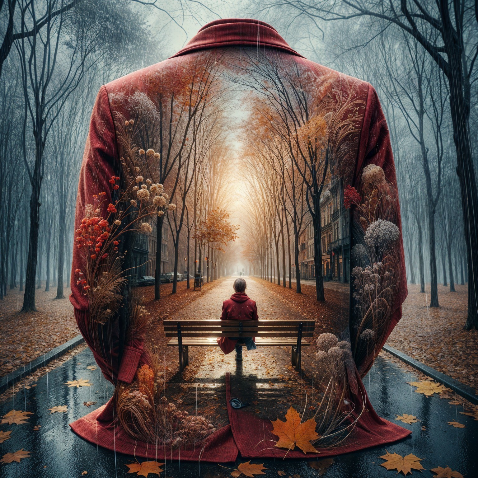 Surreal Scene of Figure in Red Coat and Autumn Landscape