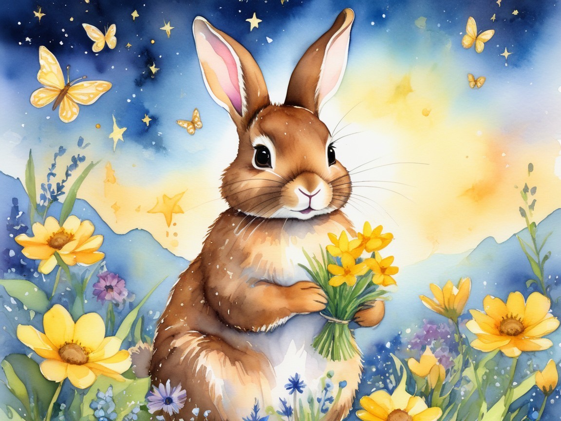 Watercolor Illustration of a Rabbit with Flowers