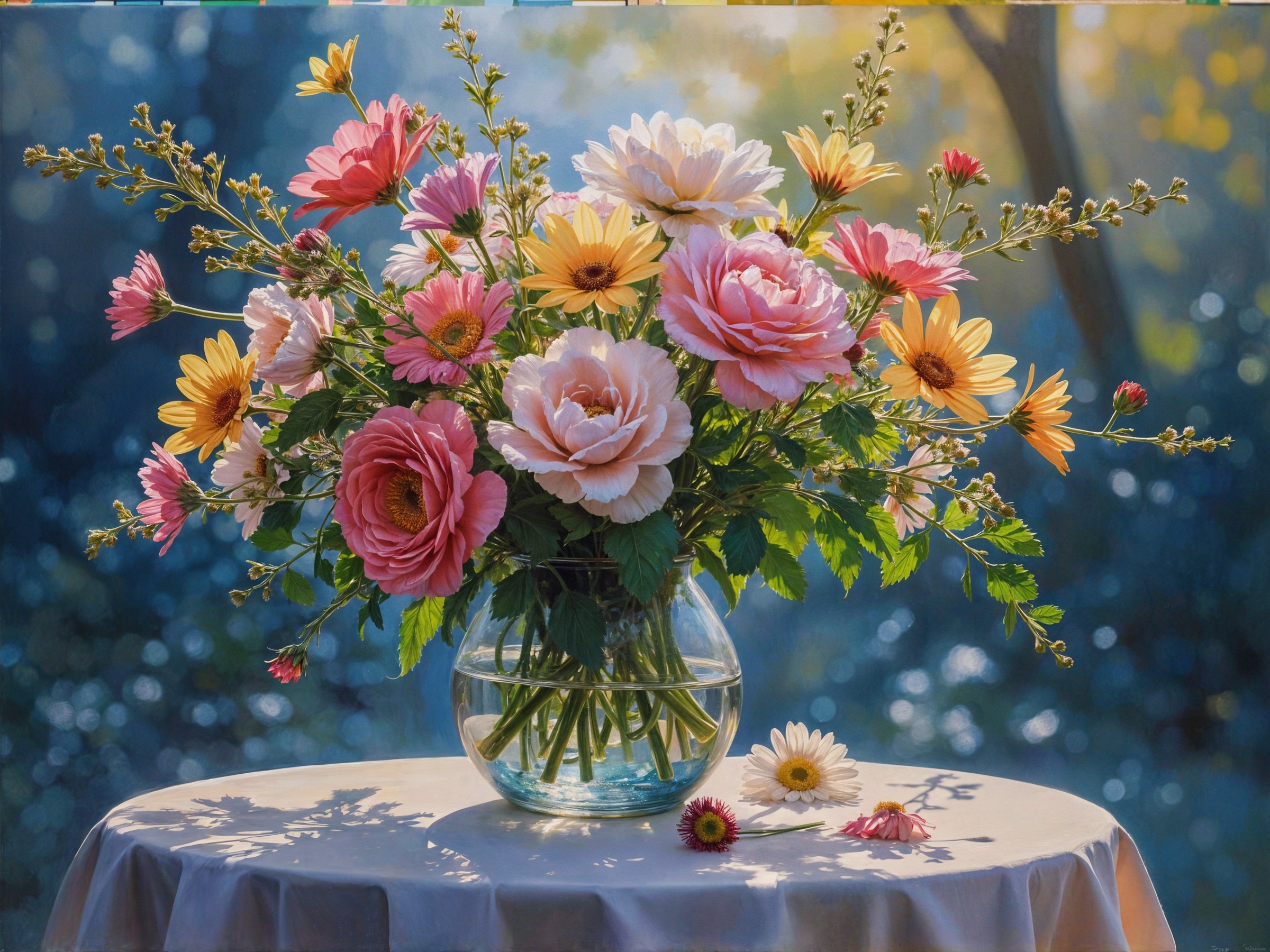 Vibrant Floral Bouquet in Clear Glass Vase on Table