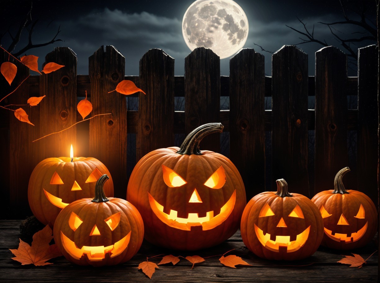 Spooky Halloween Scene with Carved Pumpkins and Moon