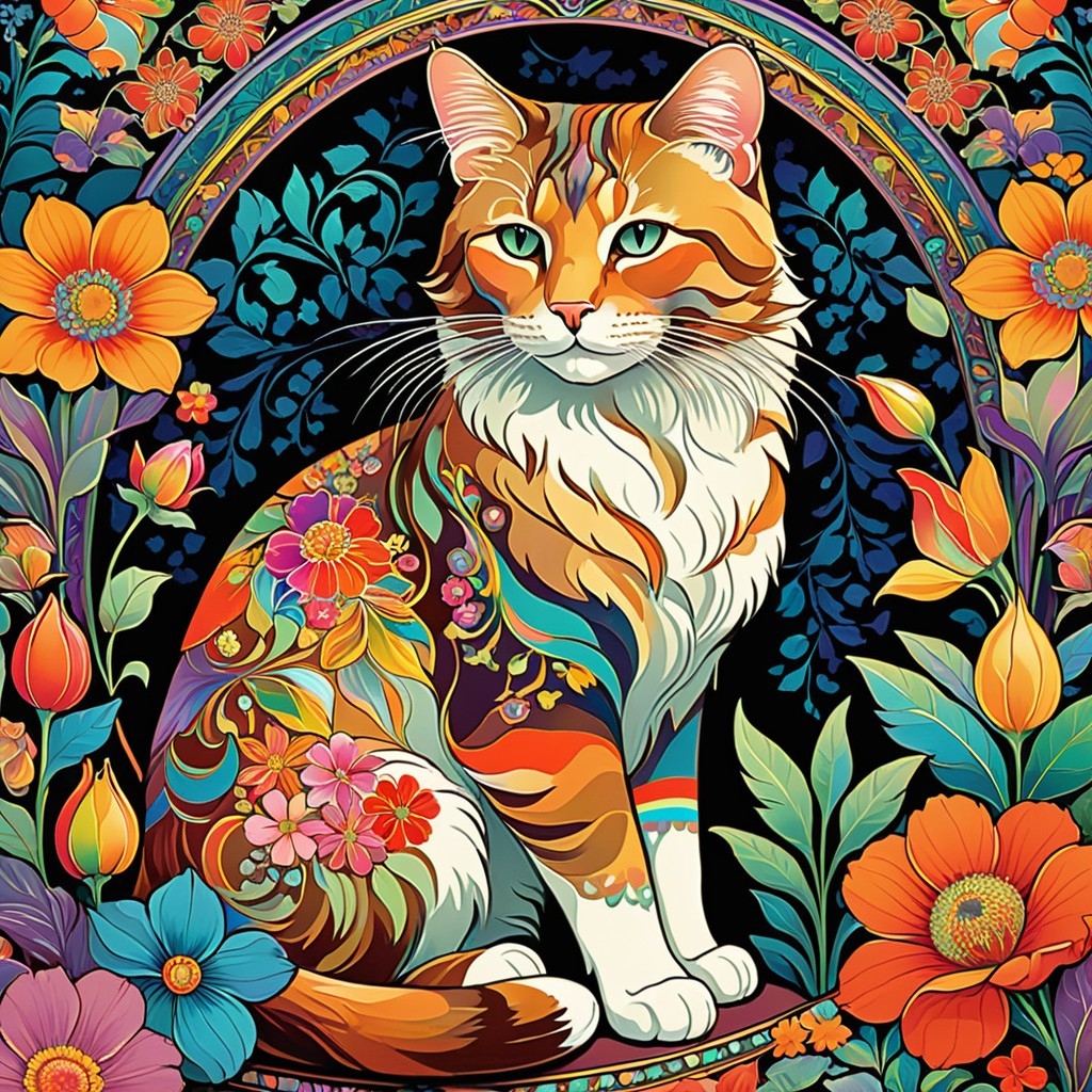 Stylized Cat Among Colorful Flowers and Foliage