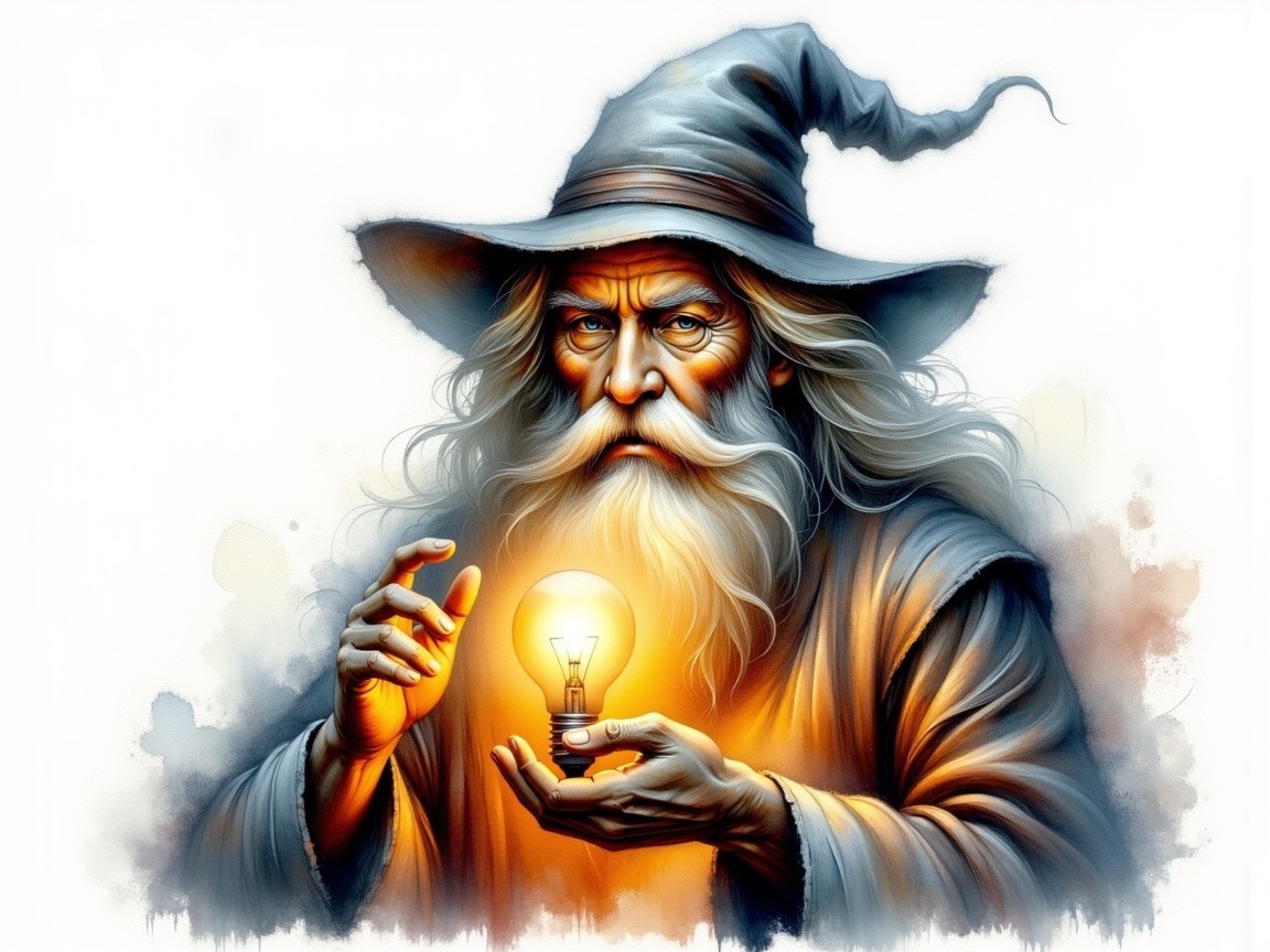 Elderly Wizard in Robes with Glowing Light Bulb