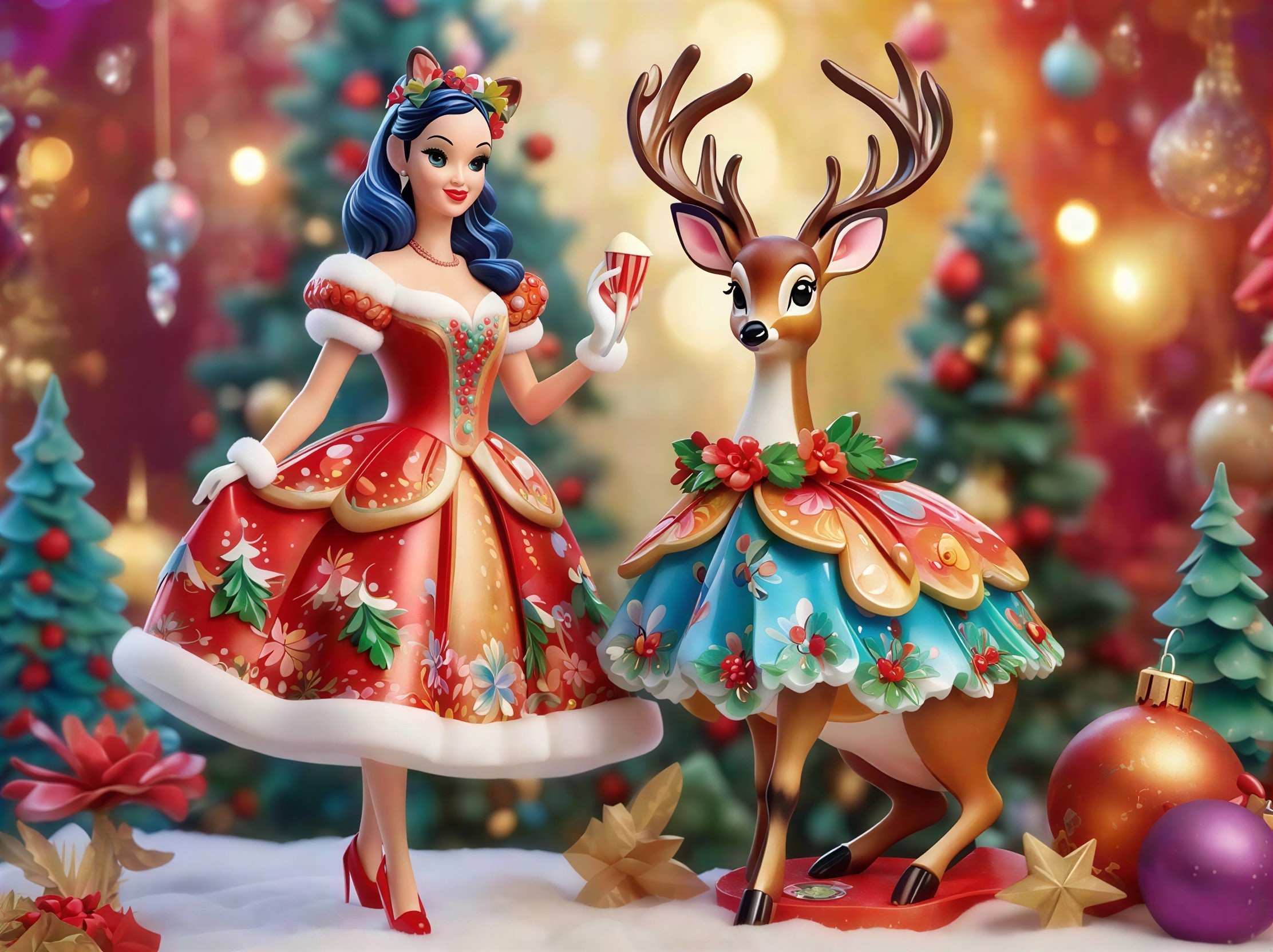 Detailed 3D Render of Christmas Scene with Doll and Deer