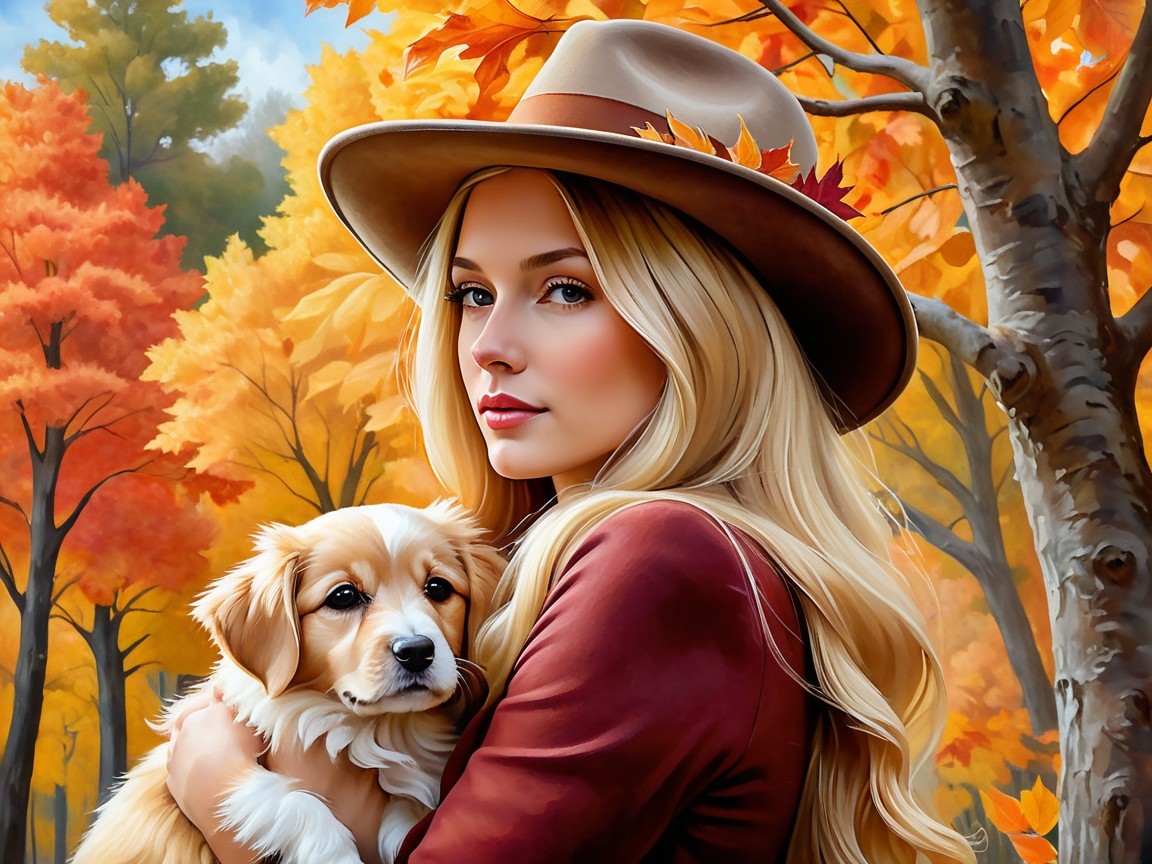 Autumn Landscape with Woman and Fluffy Puppy