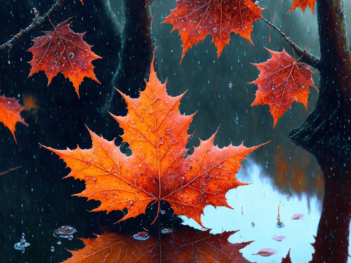 Vibrant Orange Maple Leaves with Raindrops and Reflection