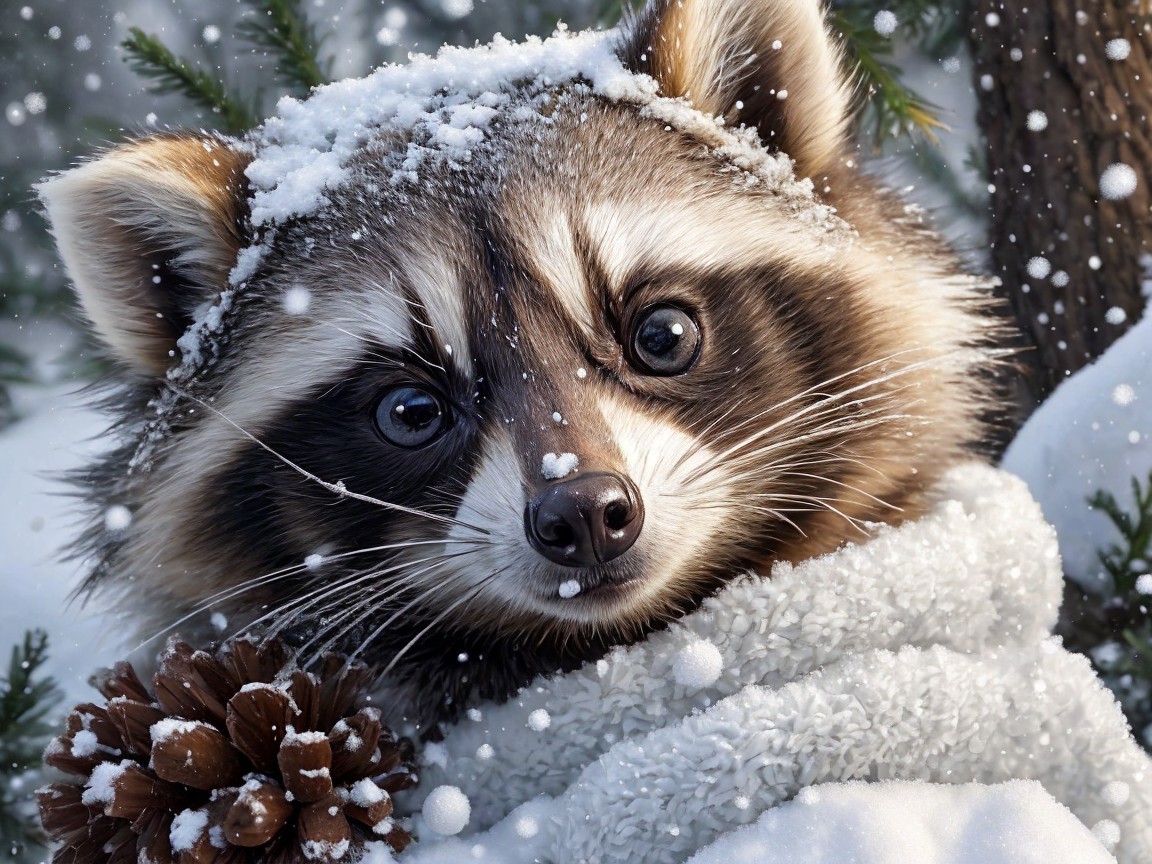 Raccoon in Blanket Surrounded by Snowy Landscape