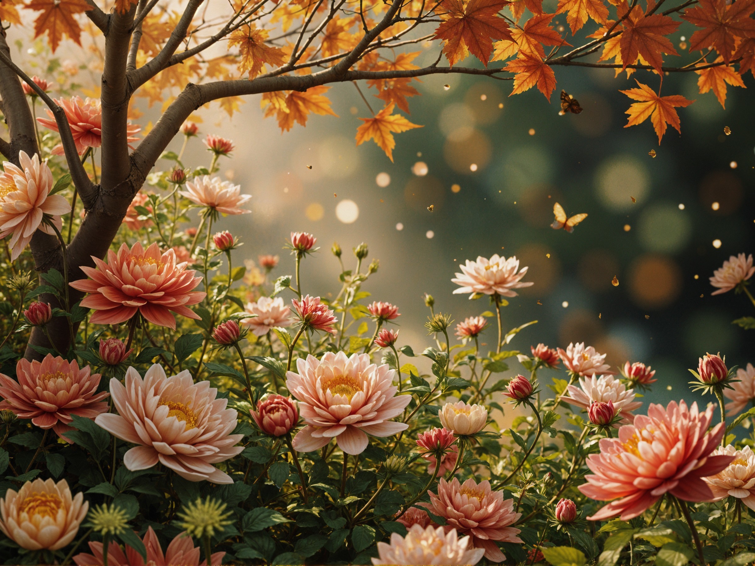 Serene garden with pink and white chrysanthemums