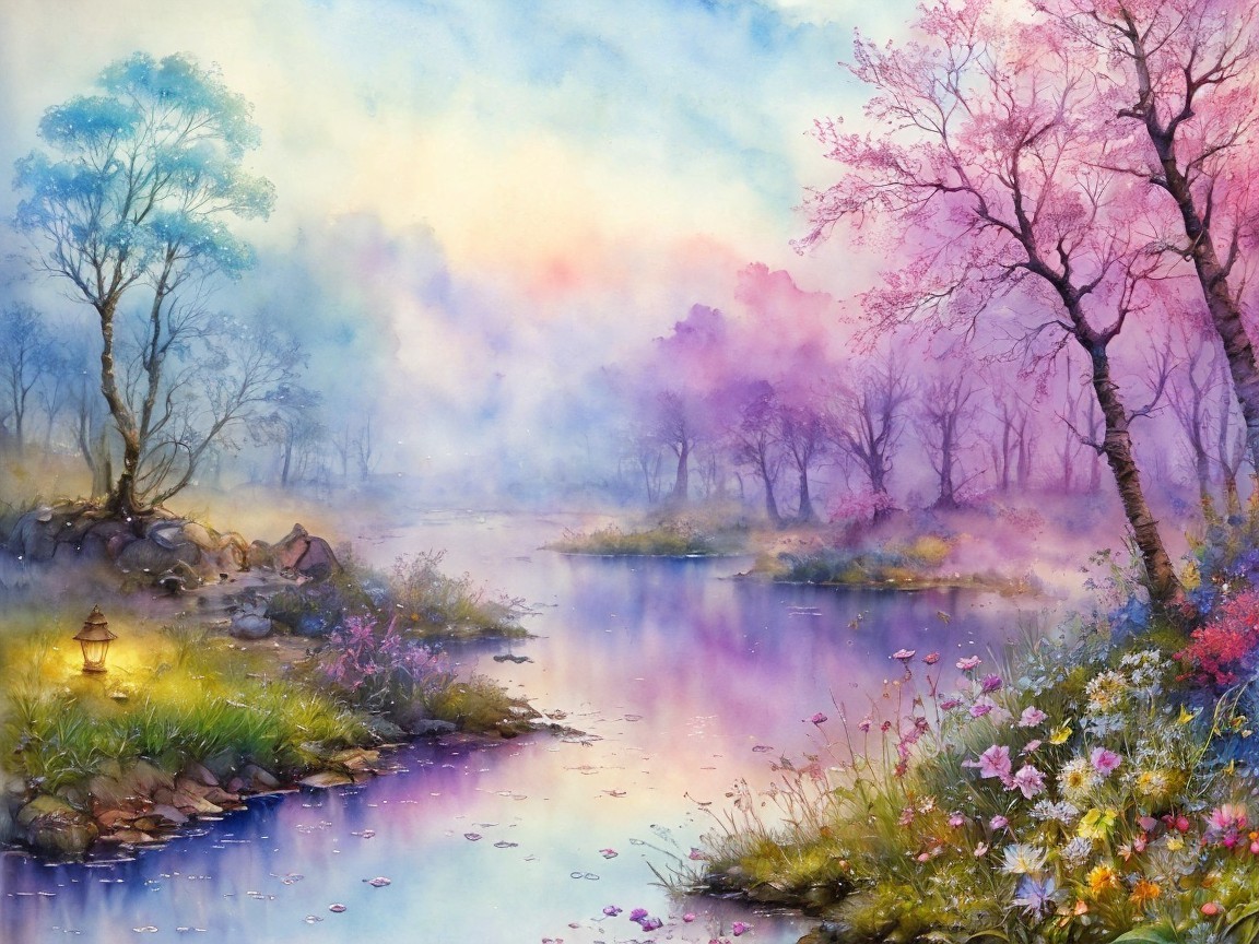 Tranquil River Landscape with Cherry Blossoms and Mist