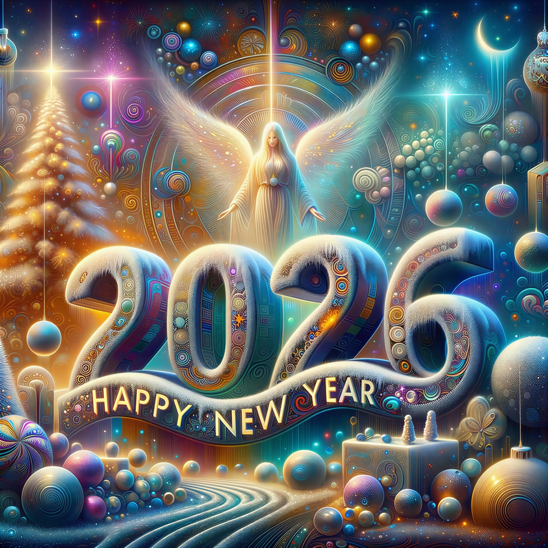 Intricate Digital Illustration of Happy New Year 2026
