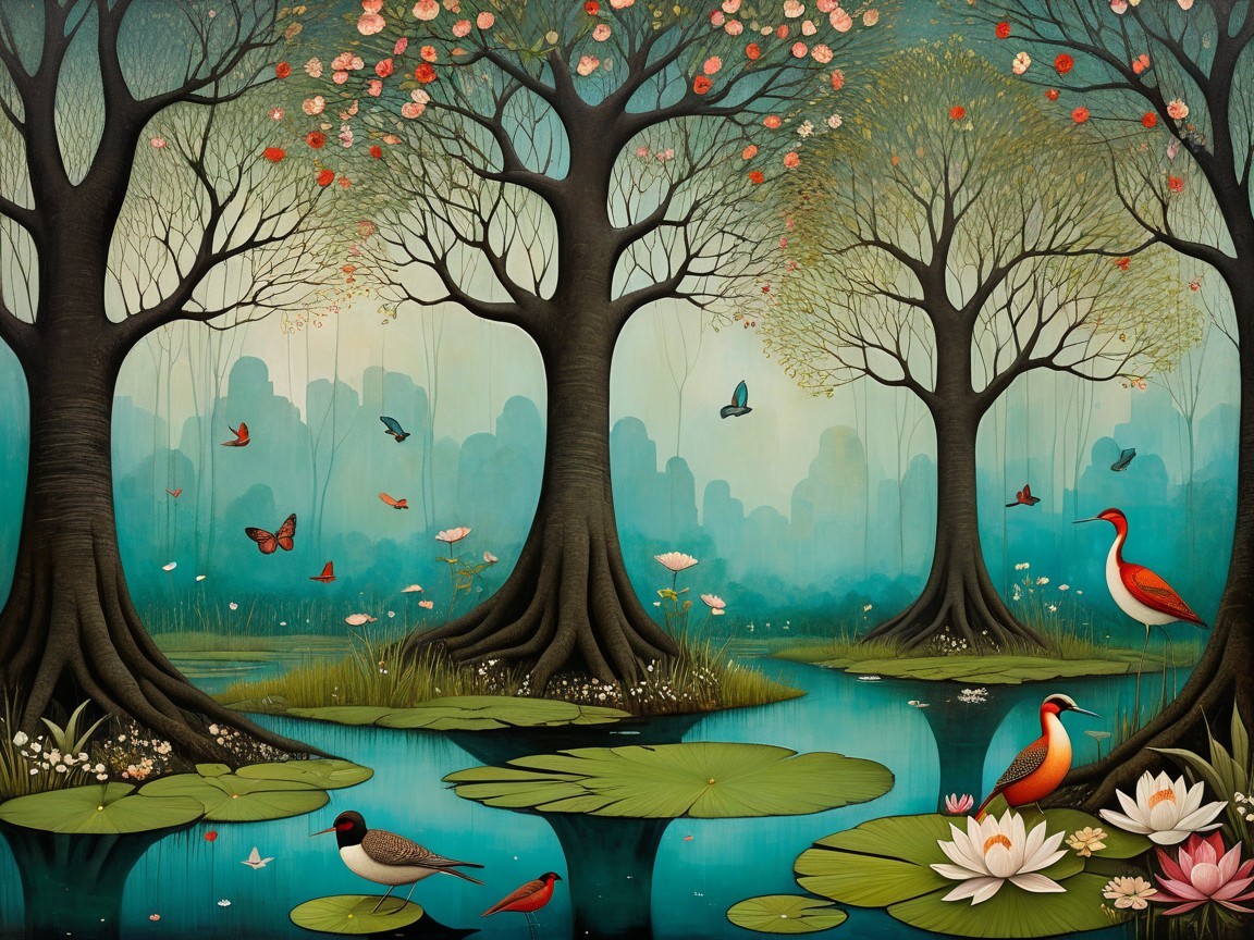 Serene Landscape with Black Trees and Colorful Wildlife