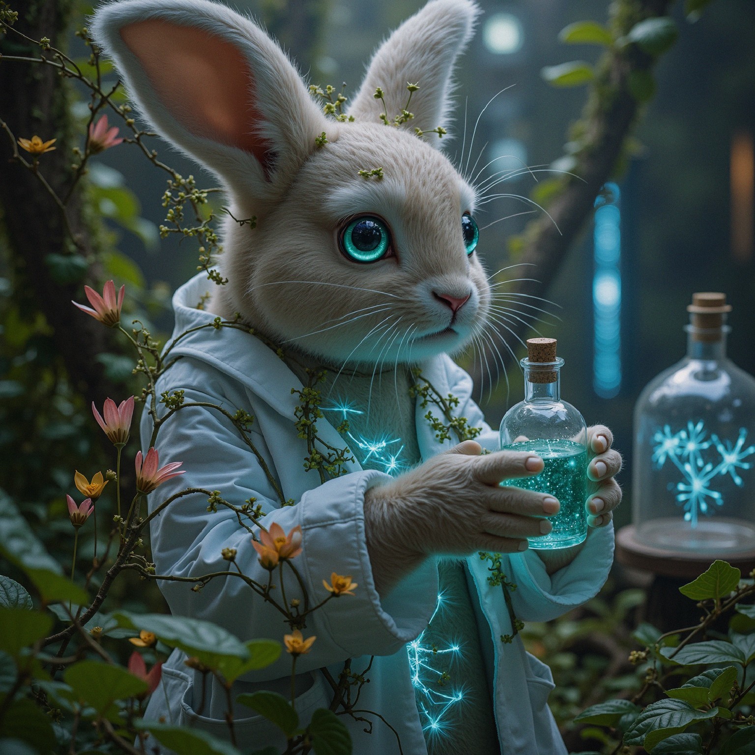 Whimsical Forest with Cute Rabbit and Glowing Potion