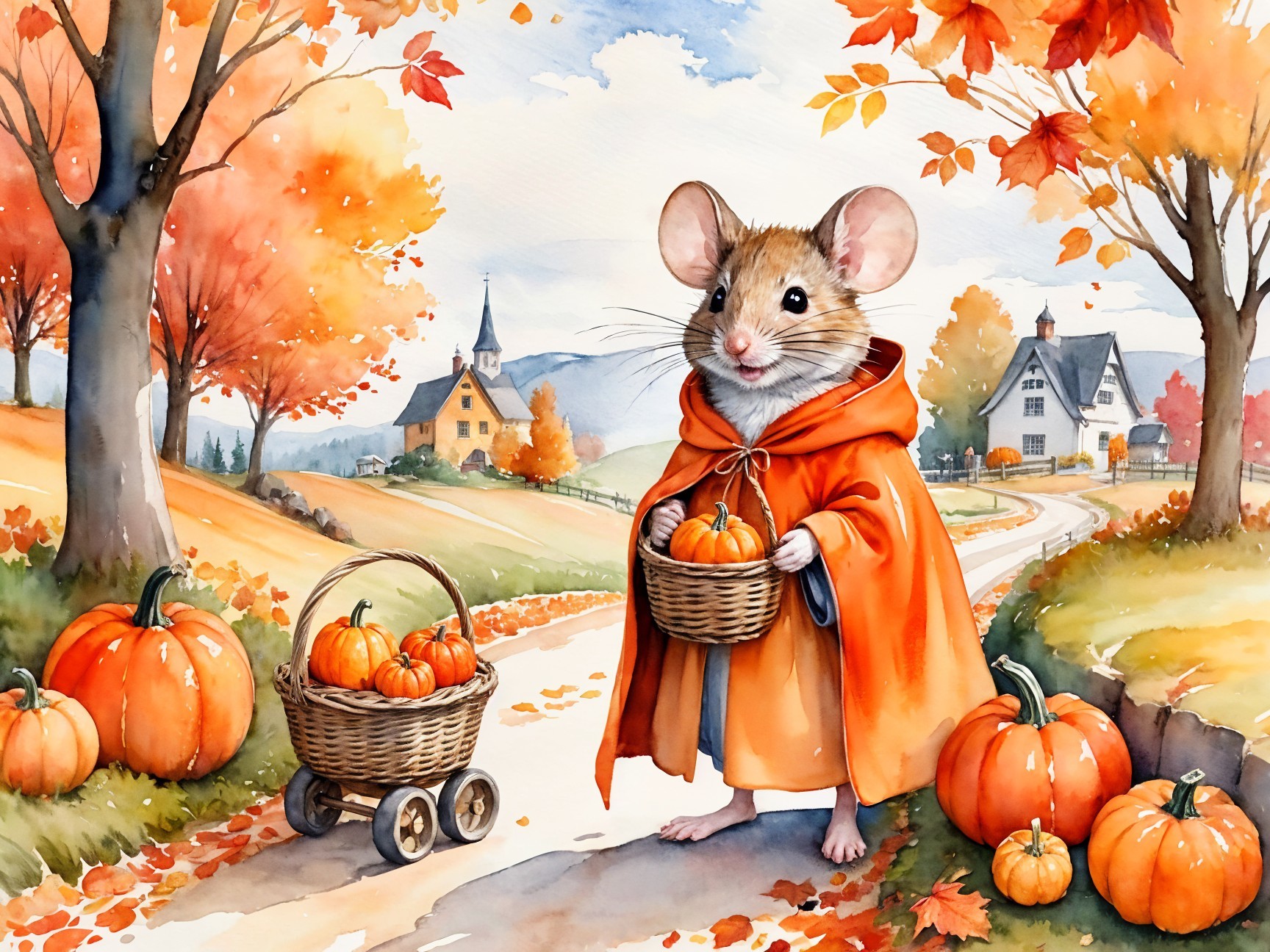 Charming Mouse in Orange Cloak on Autumn Street