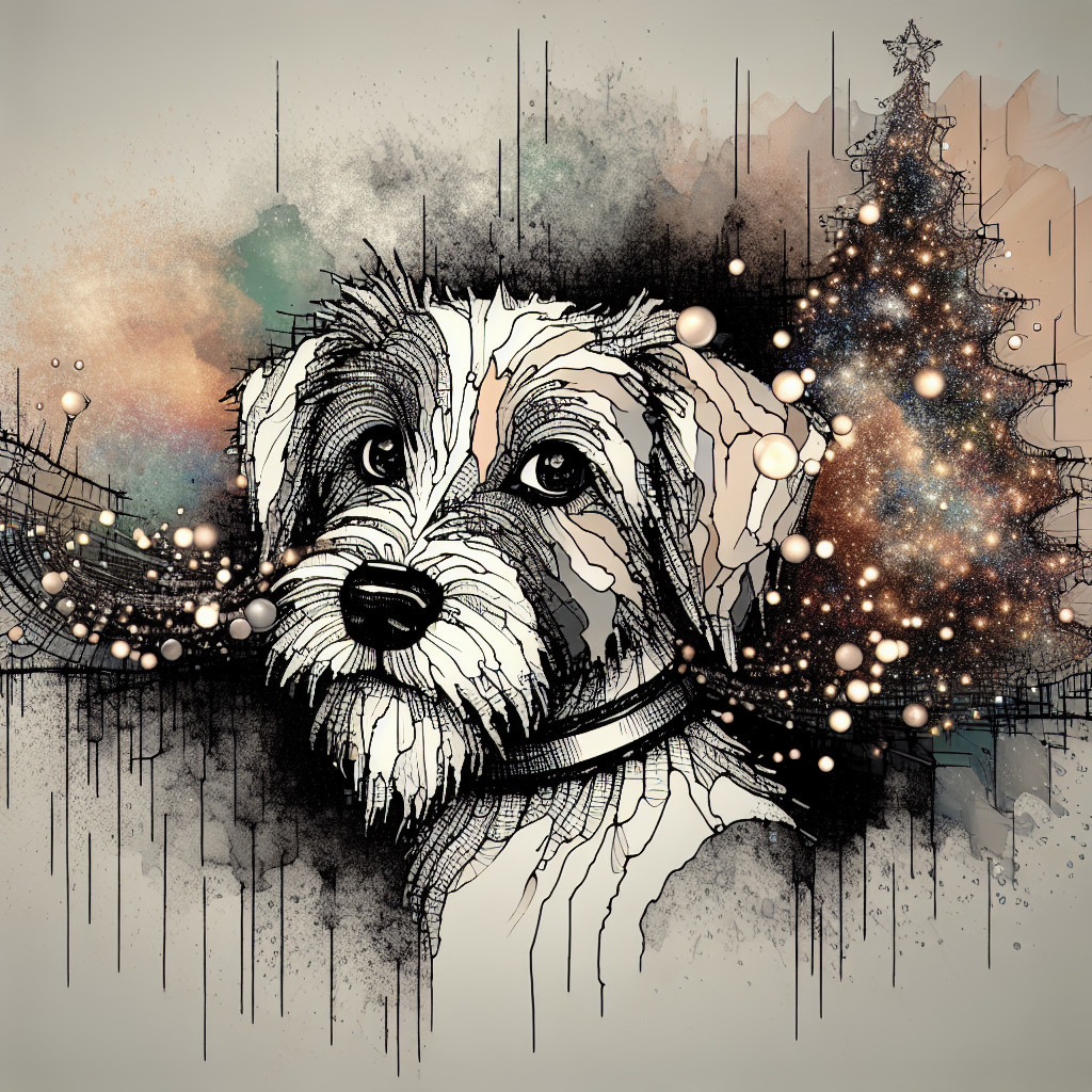 Stylized Dog Illustration with Christmas Tree Background