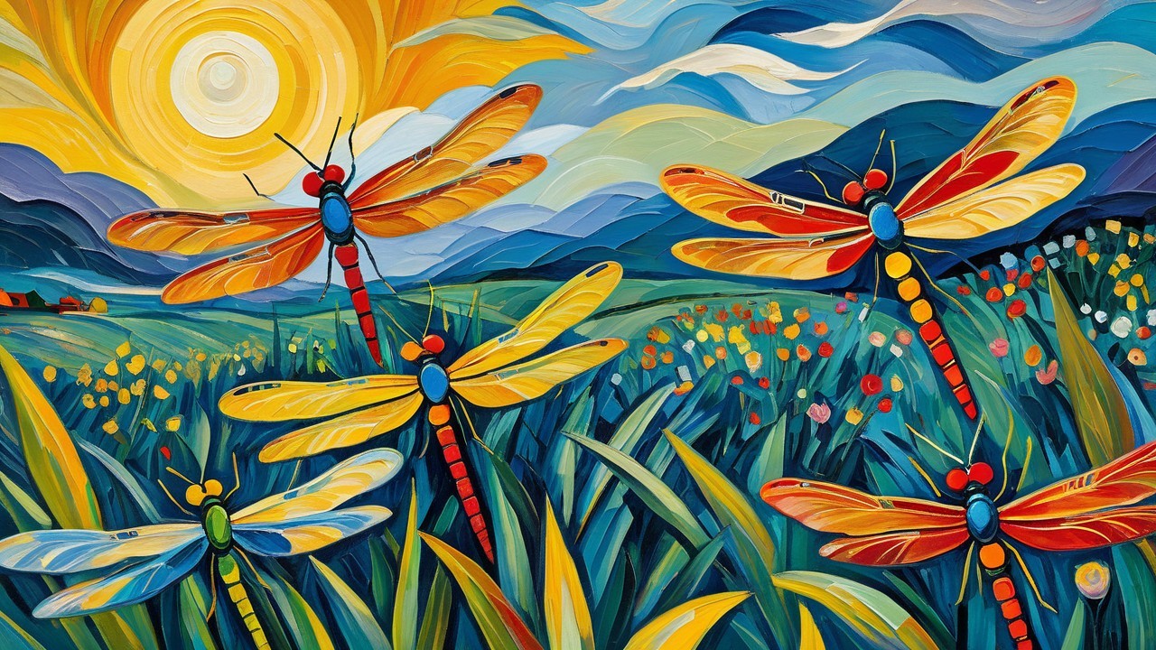 Vibrant Landscape with Colorful Dragonflies and Wildflowers