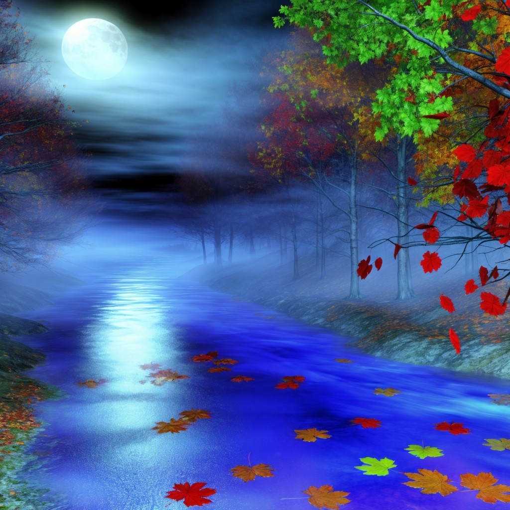 Moonlit River in Misty Forest with Autumn Foliage