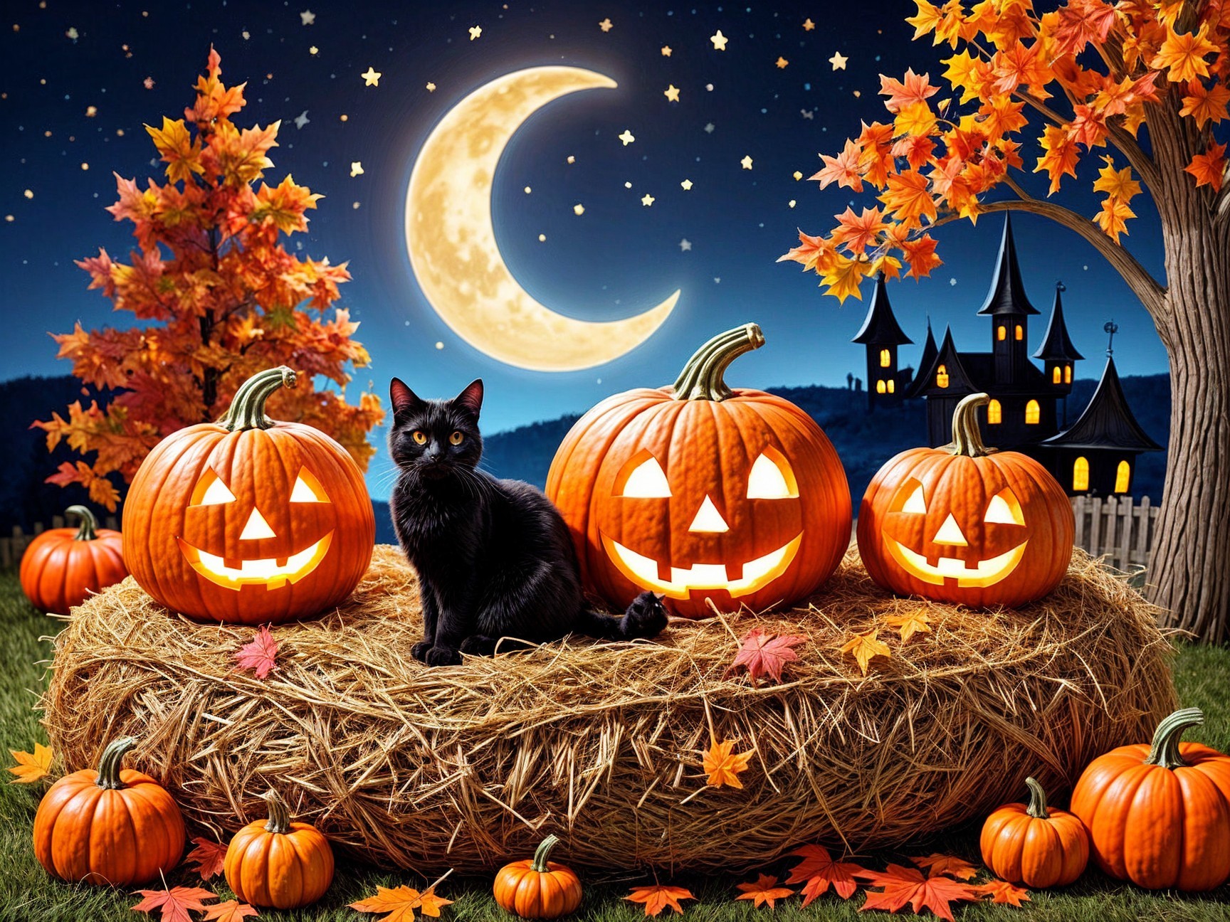 Cozy Autumn Scene with Black Cat and Pumpkins