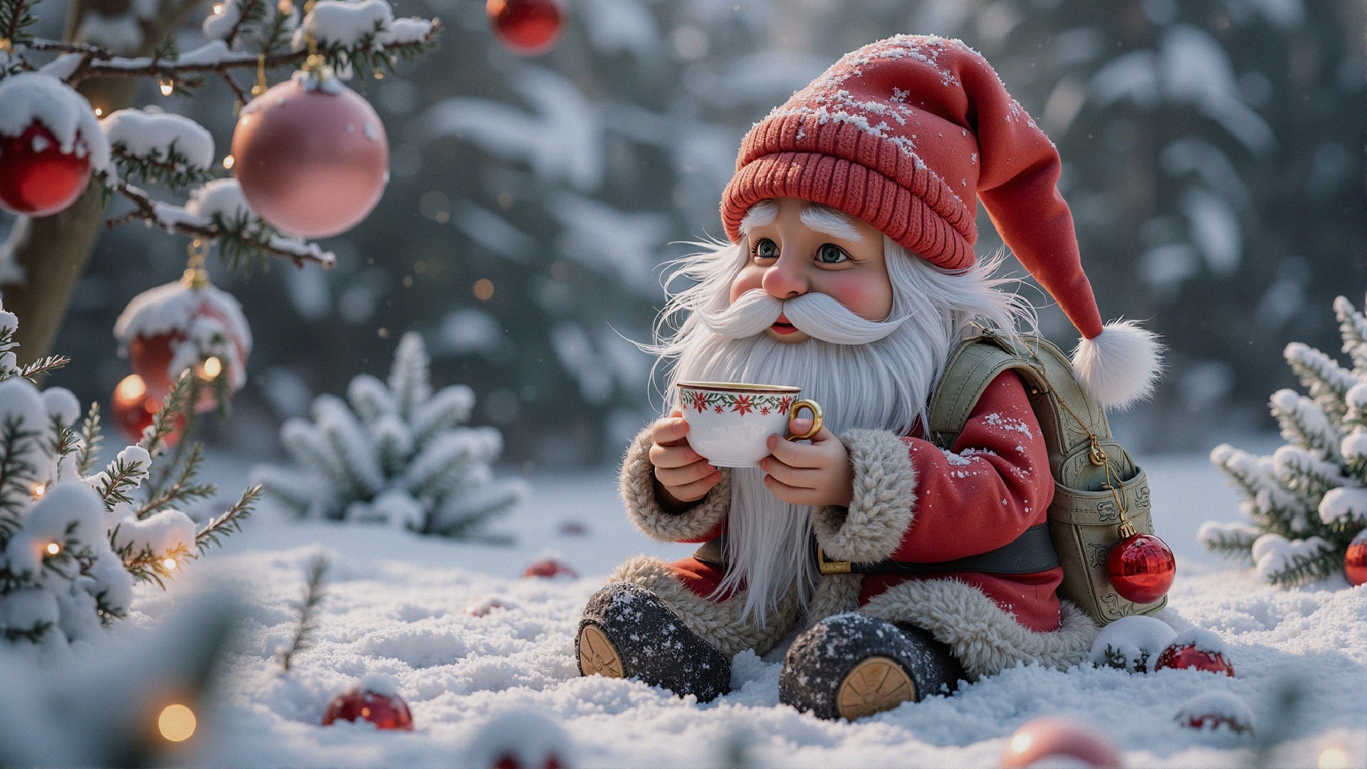 Whimsical Santa in Snowy Forest with Festive Ornaments