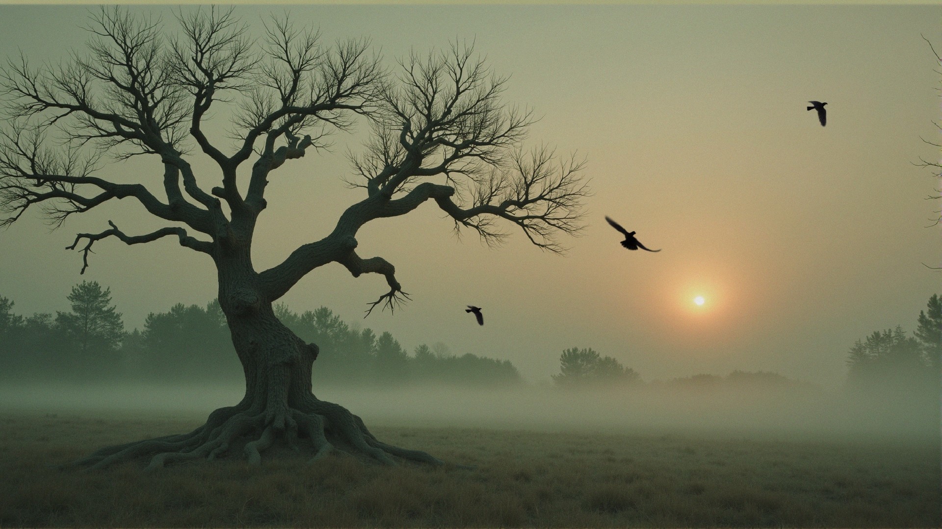 Solitary Tree in Misty Sunrise Landscape