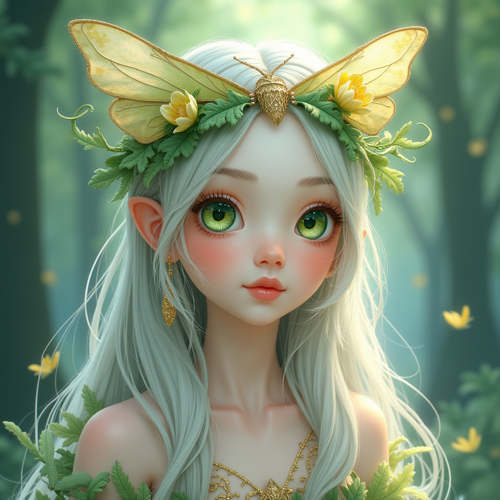 Fantasy Character with Silver Hair and Butterfly Wings