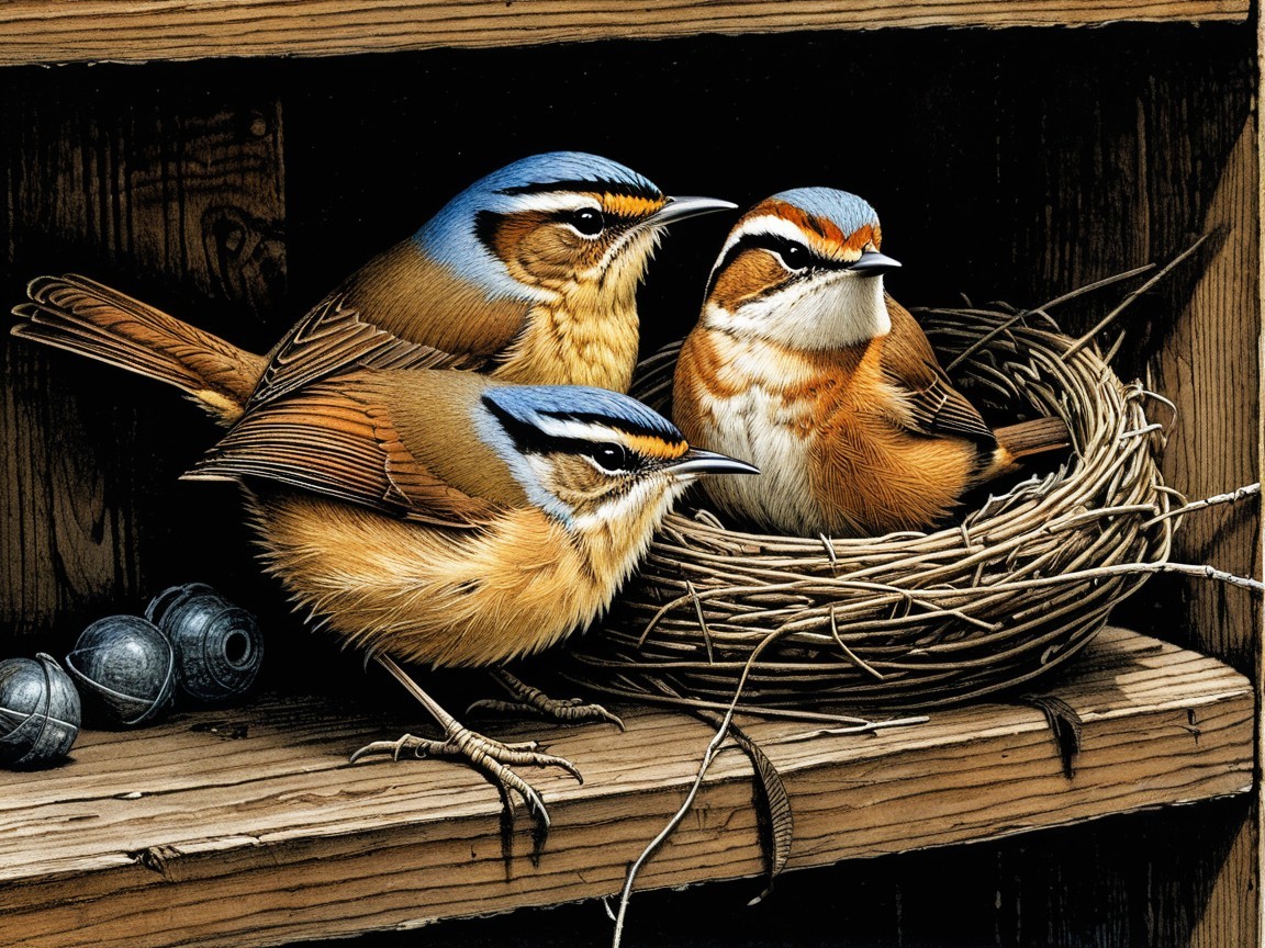 Intricately Detailed Birds Nestled on Rustic Shelf