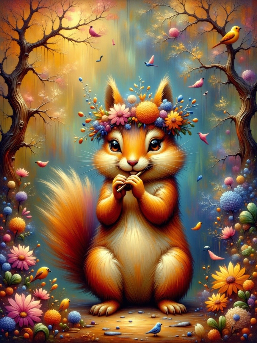 Whimsical Squirrel with Flower Crown in Nature Scene