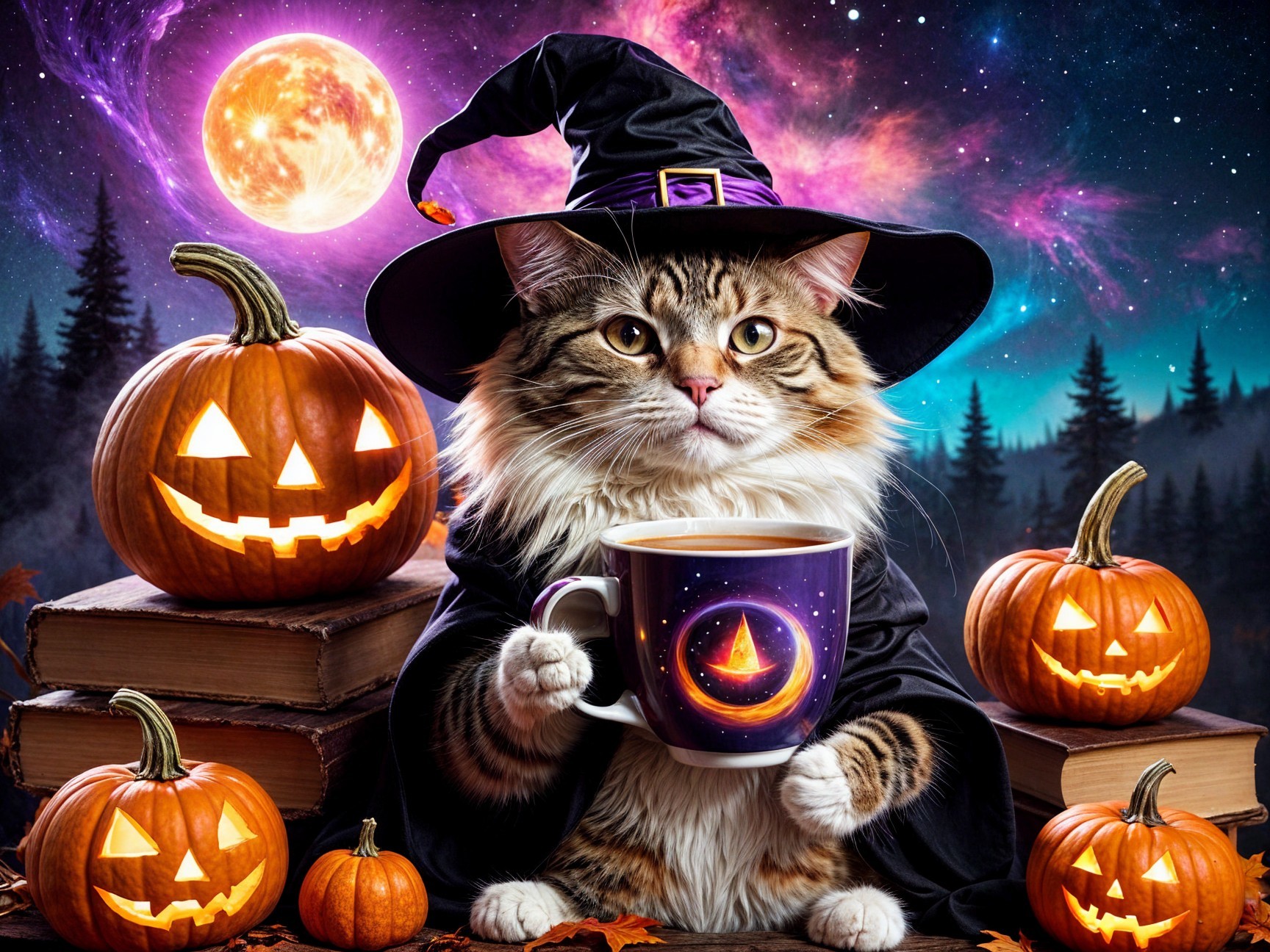 Whimsical Cat in Witch Hat with Moon Mug and Pumpkins