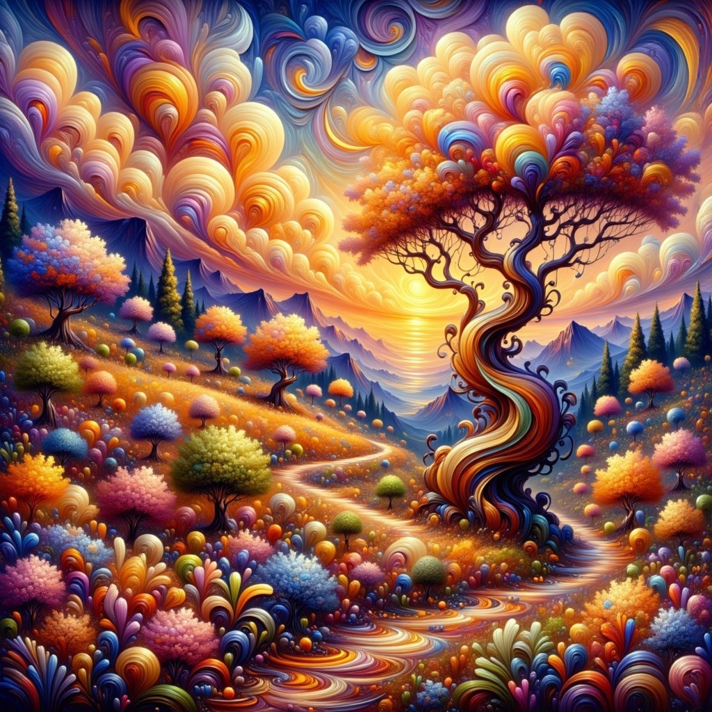 Vibrant Landscape with Unique Tree and Dreamy Light