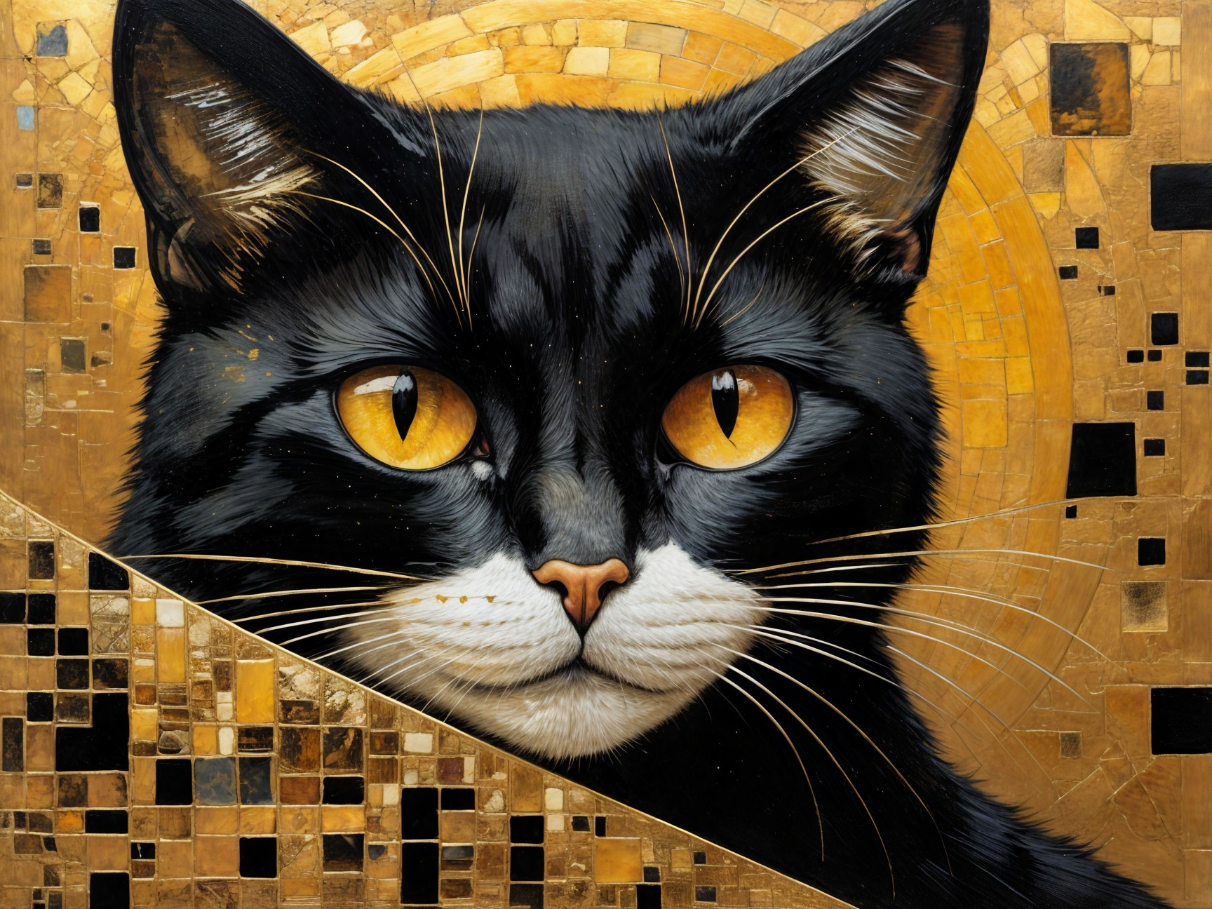 Black Cat with Golden Eyes and Geometric Patterns
