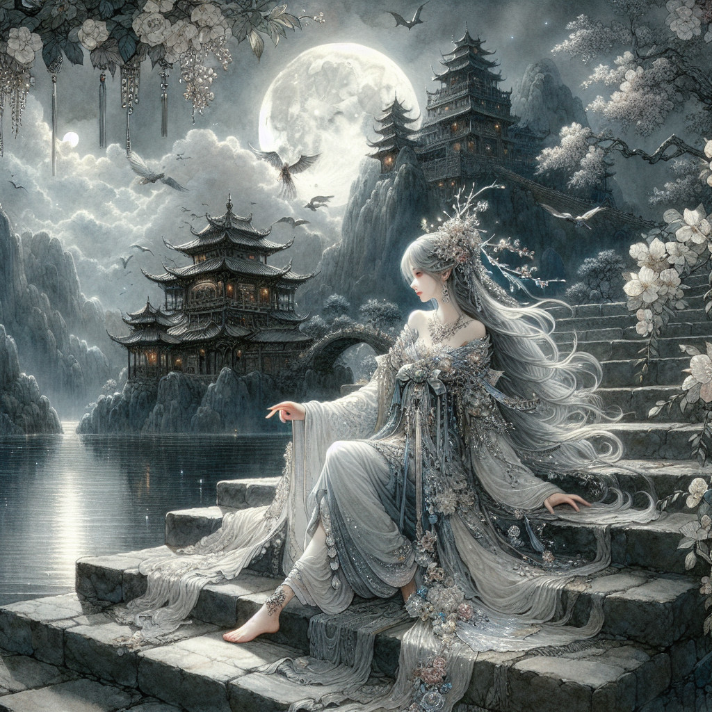 Ethereal Figure by Waterway in Moonlit Scene