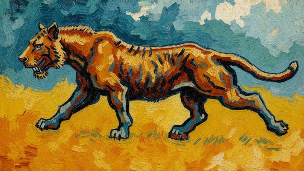 Stylized Tiger Walking in a Golden Landscape Artwork