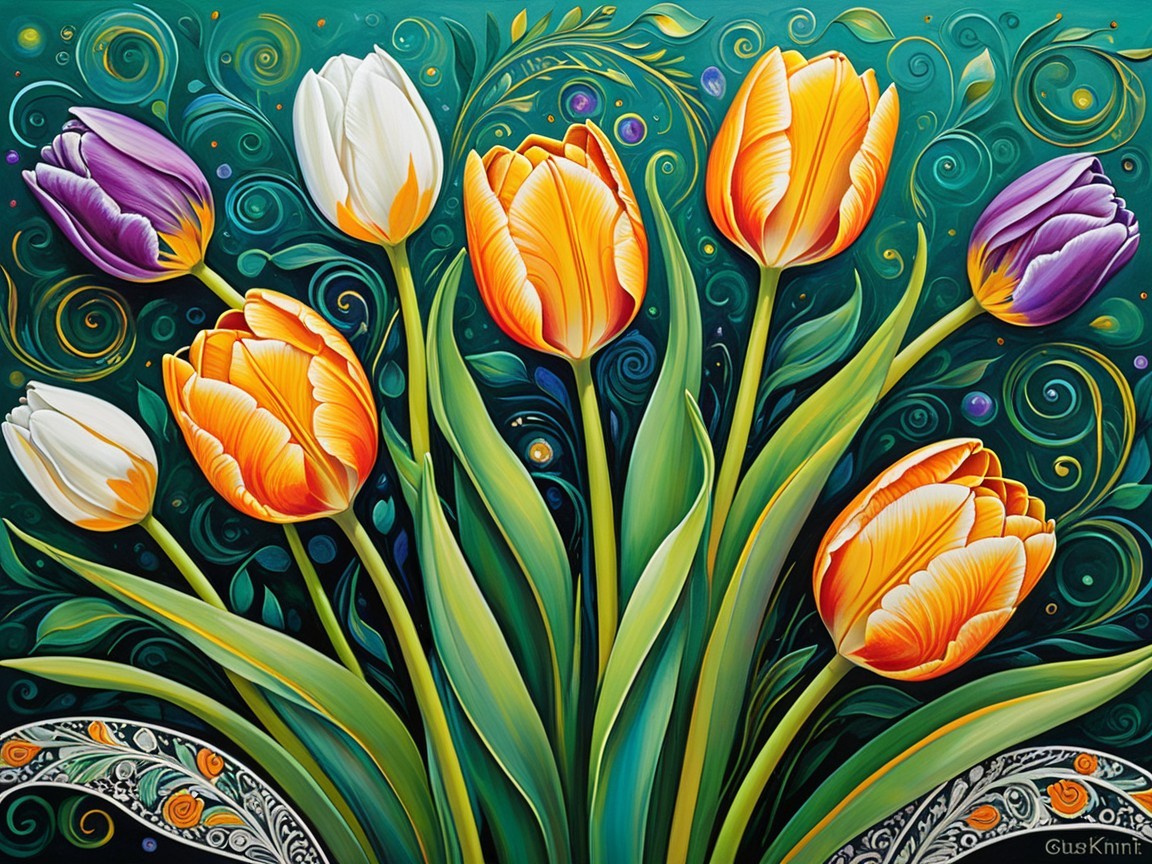 Colorful Tulip Painting with Lush Green Leaves