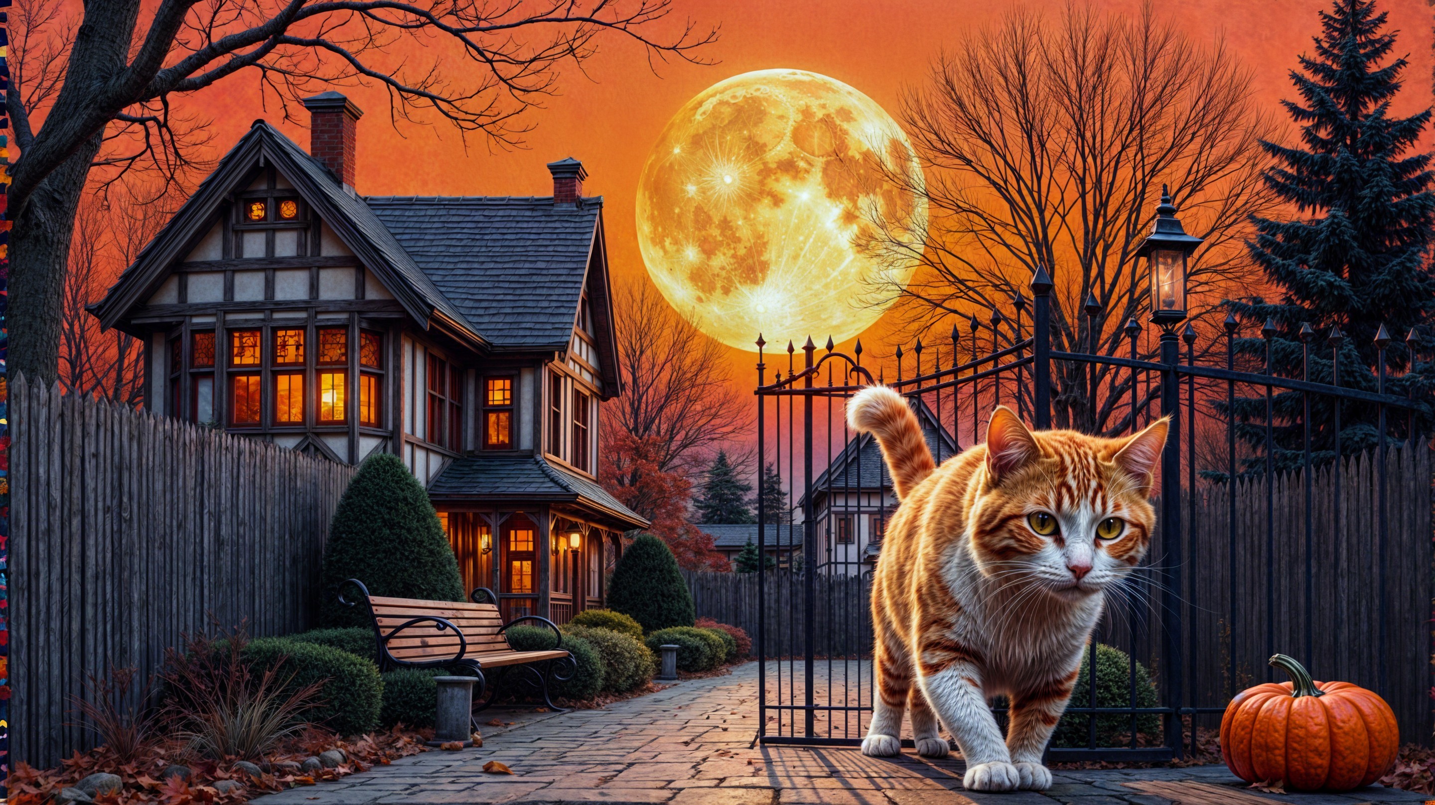 Ginger Cat in Moonlit Neighborhood with Fall Decor