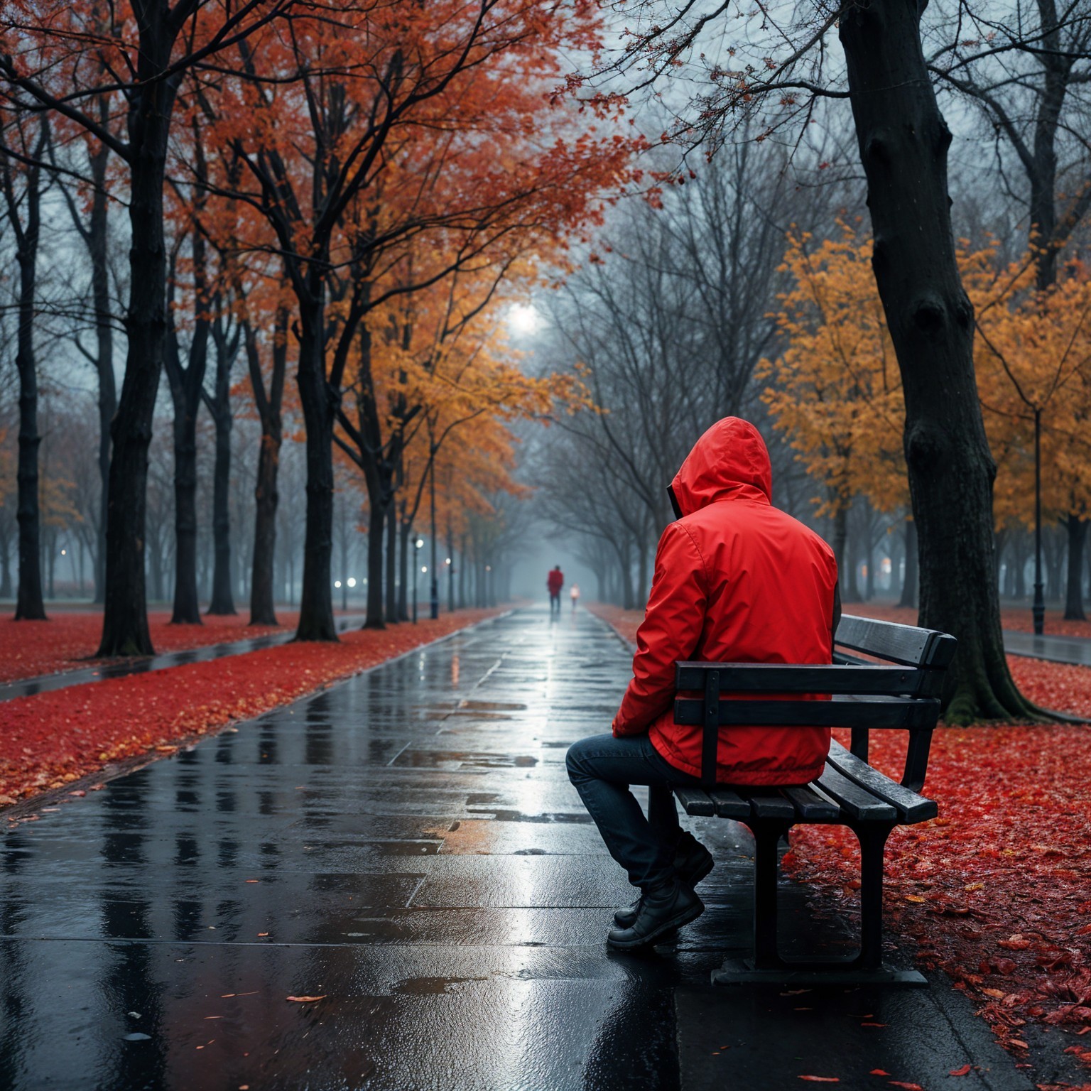 Lone Figure in Red Hoodie in Autumn Park Scene