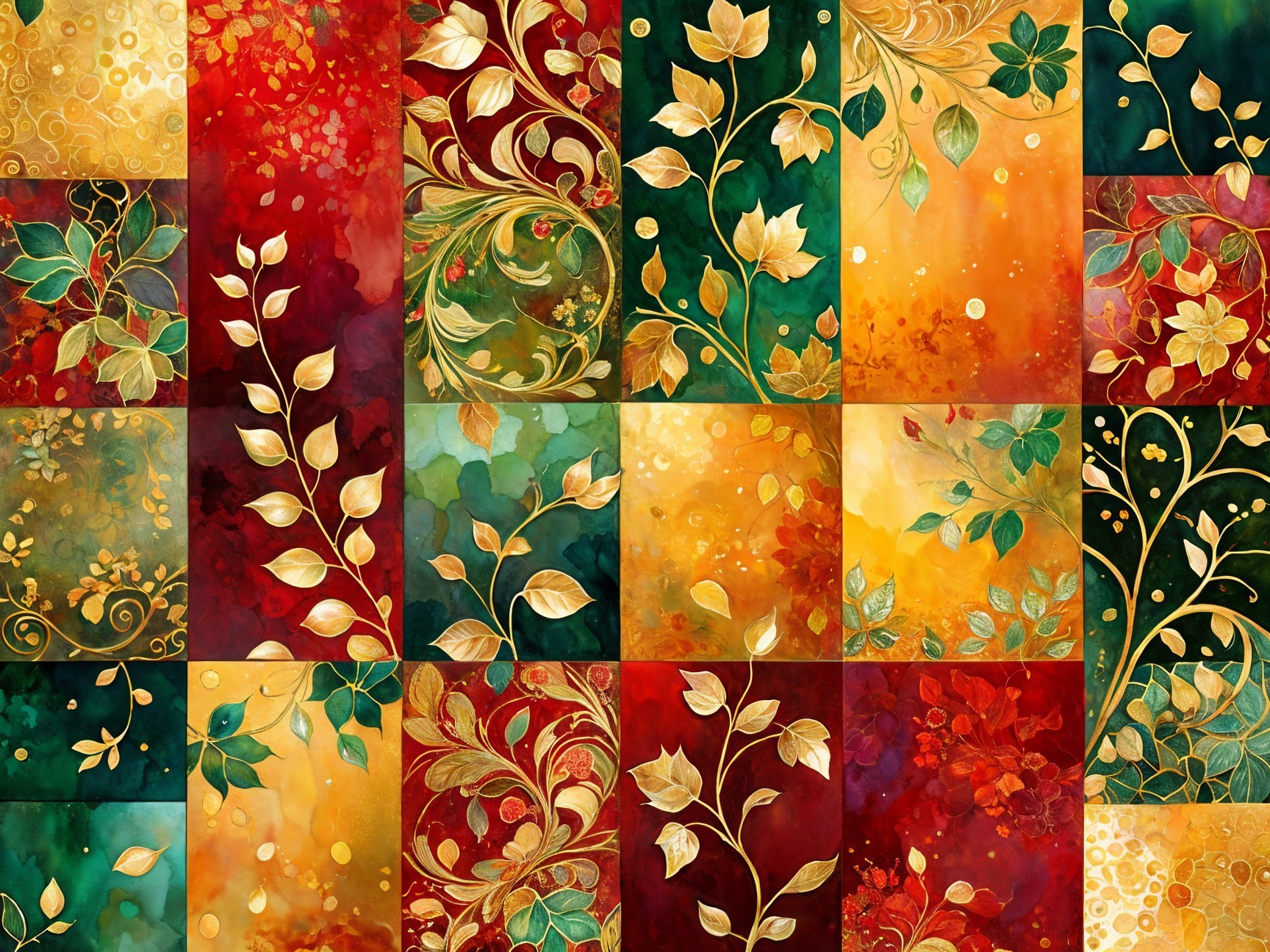 Vibrant Collage of Leaf and Floral Patterns in Rich Colors