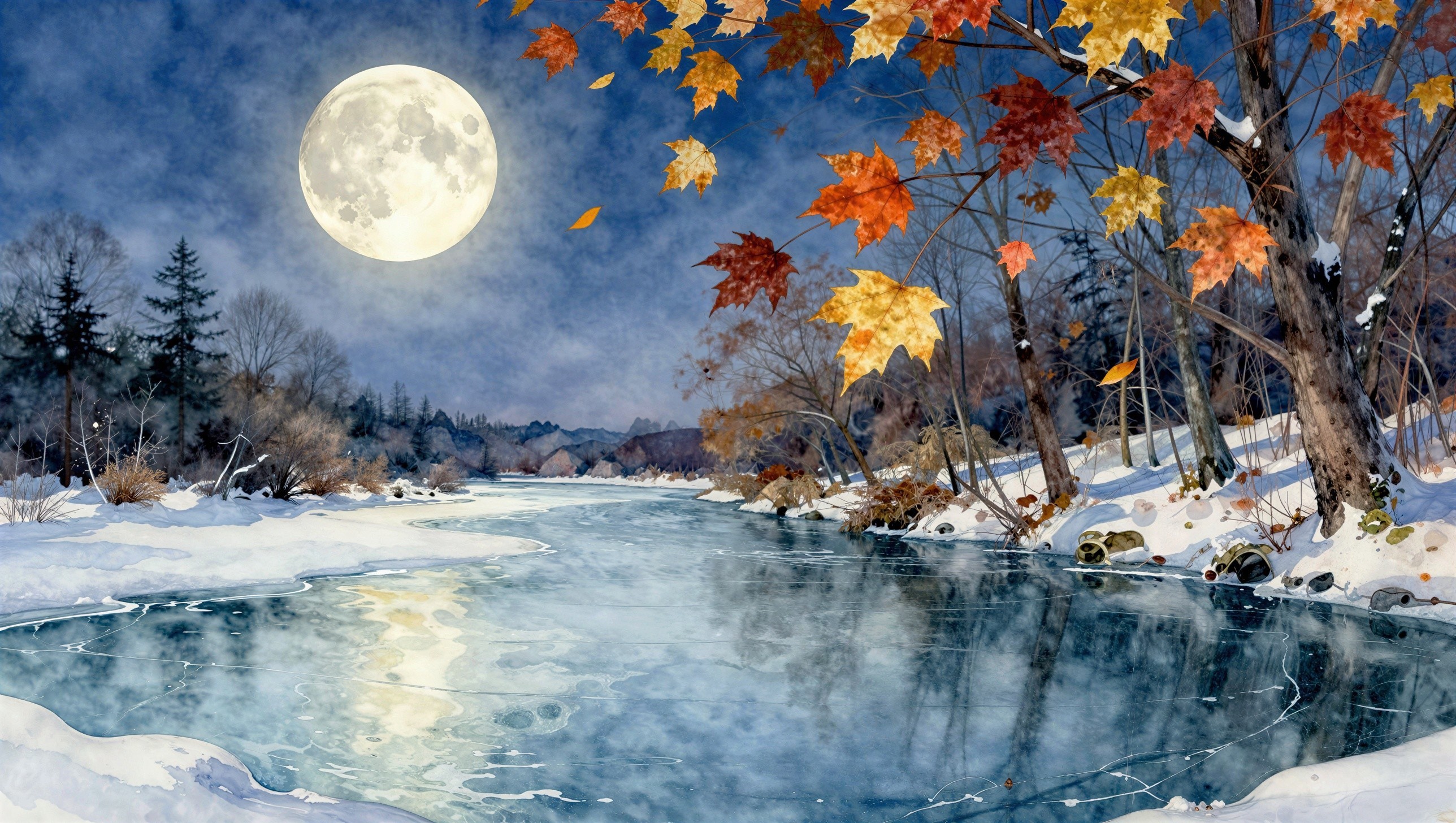 Winter Landscape Watercolor with Moonlit River Scene