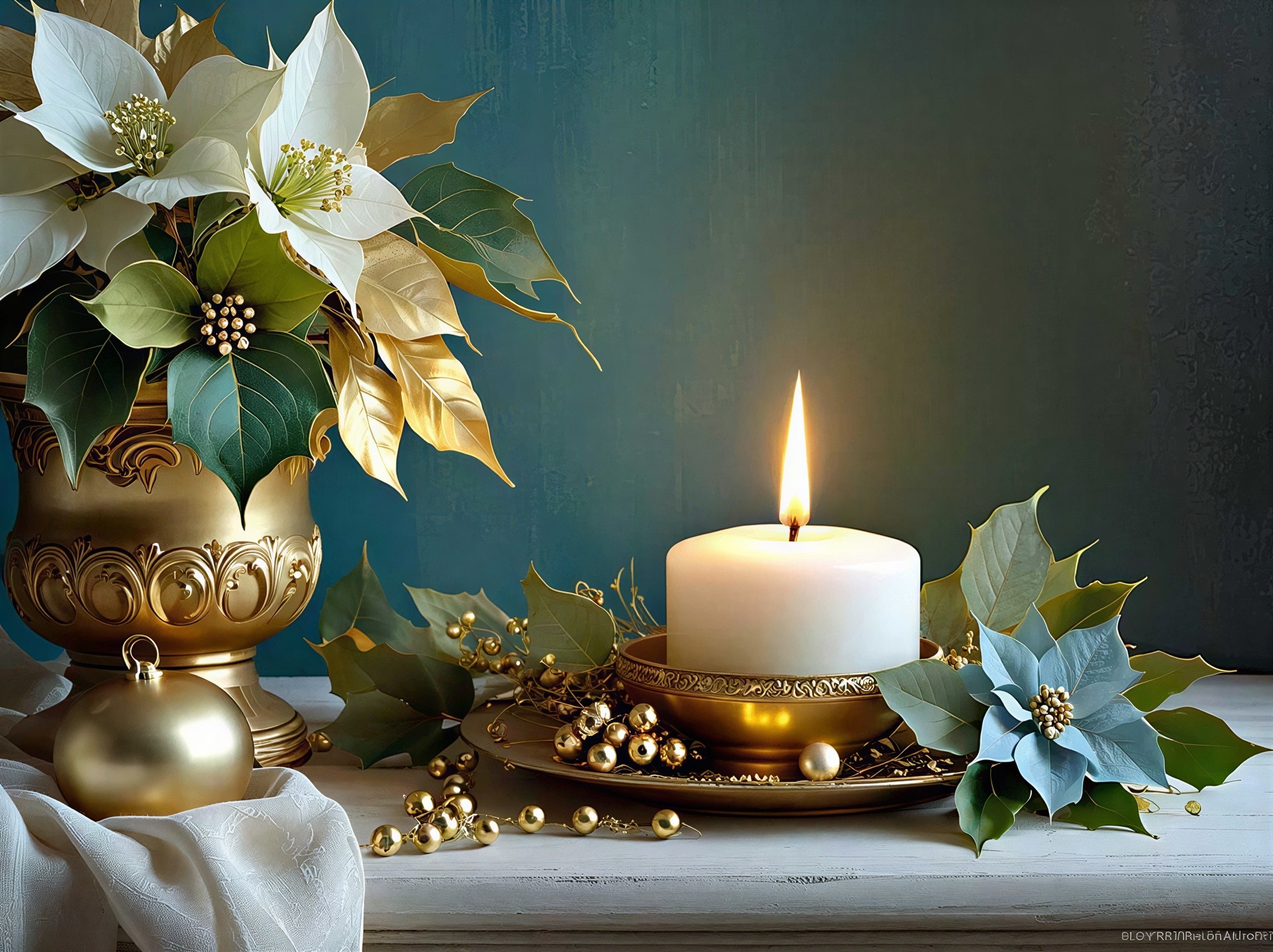 Festive Holiday Arrangement with Candle and Poinsettias