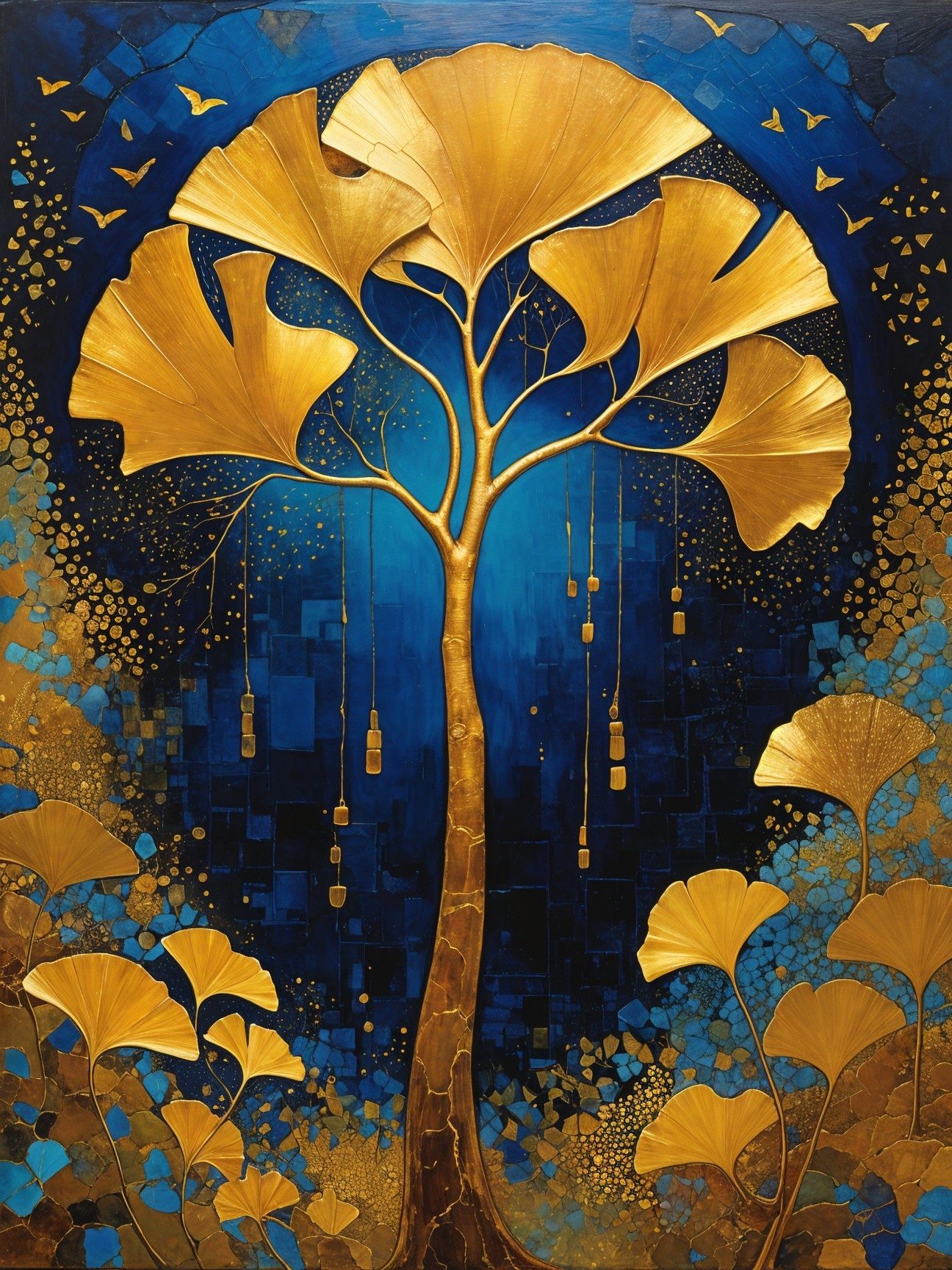 Golden Ginkgo Tree Artwork on Deep Blue Background