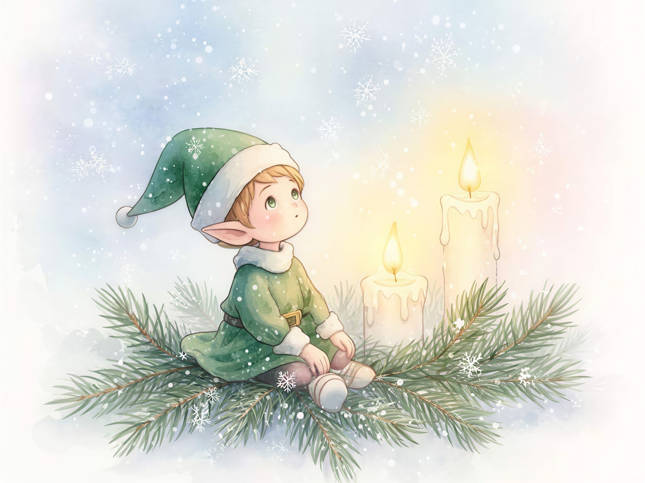Christmas Watercolor of Baby Elf on Fir Branches