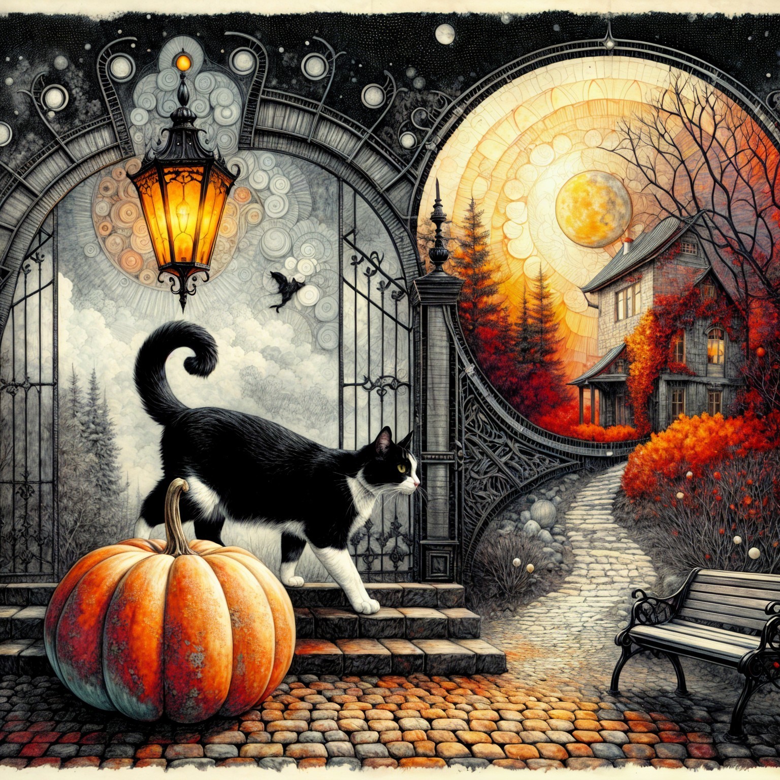 Whimsical Cat and Pumpkin Scene with Autumn Foliage