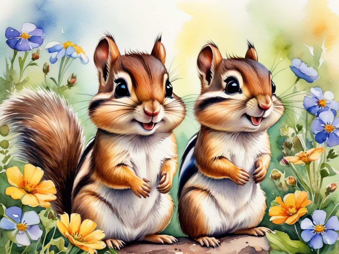 Chipmunks on Stone Surrounded by Colorful Wildflowers