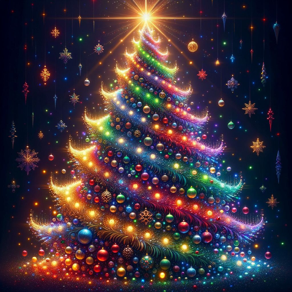 Neon Christmas Tree with Colorful Lights and Ornaments