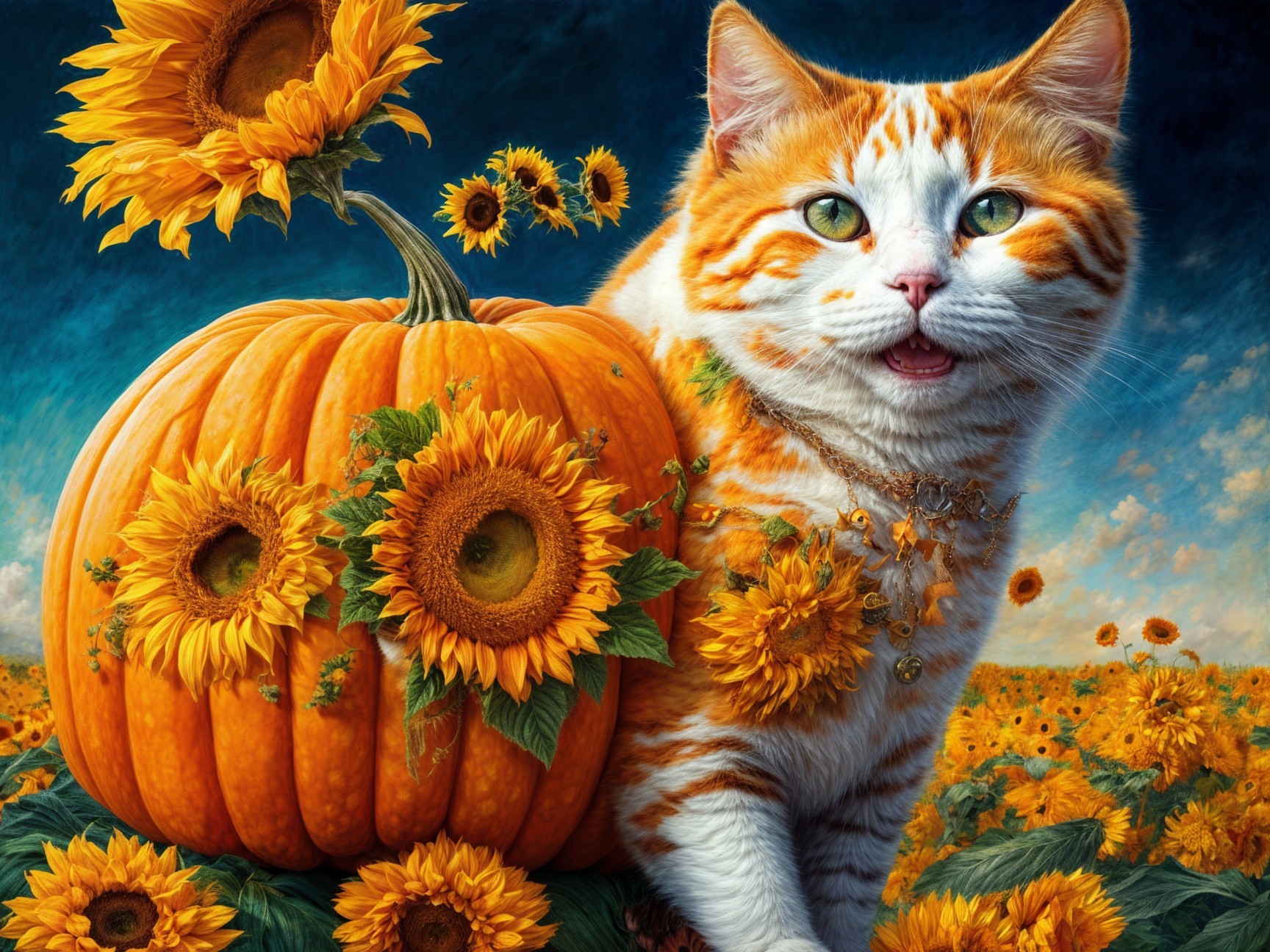 Orange Tabby Cat by Pumpkin and Sunflowers