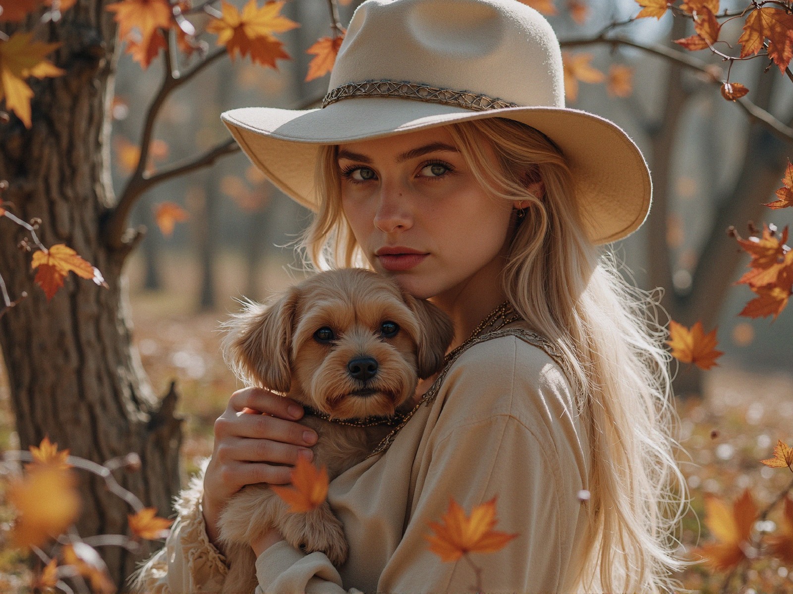 Young woman with dog in autumn leaves setting