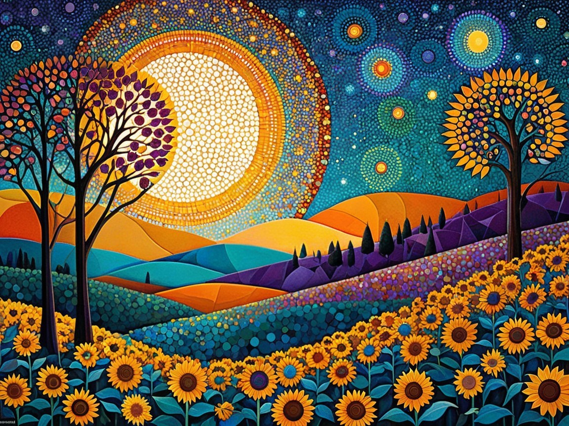 Vibrant Landscape with Sunflowers and Colorful Sky