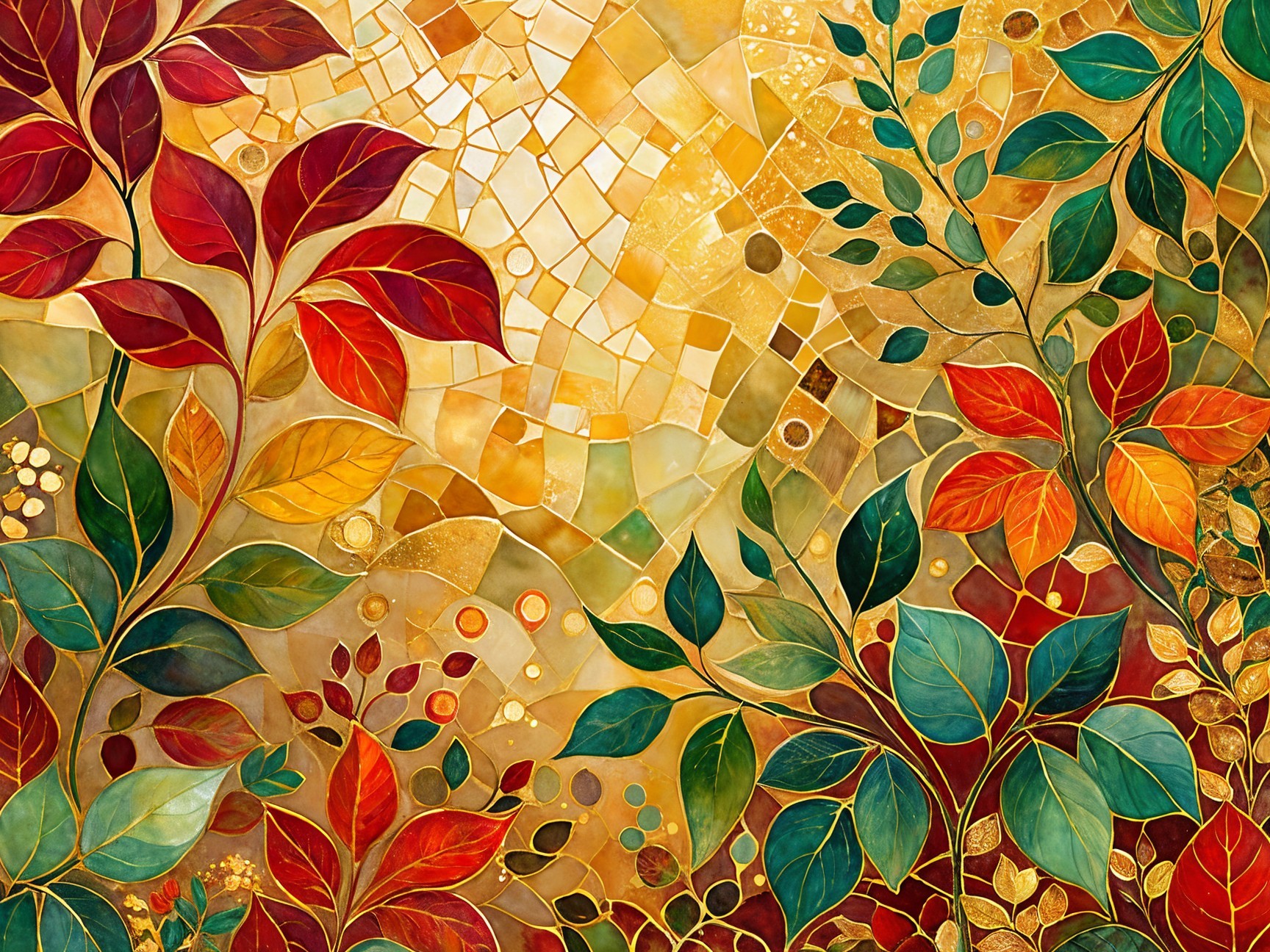 Vibrant Autumn Mosaic of Leaves on Golden Background