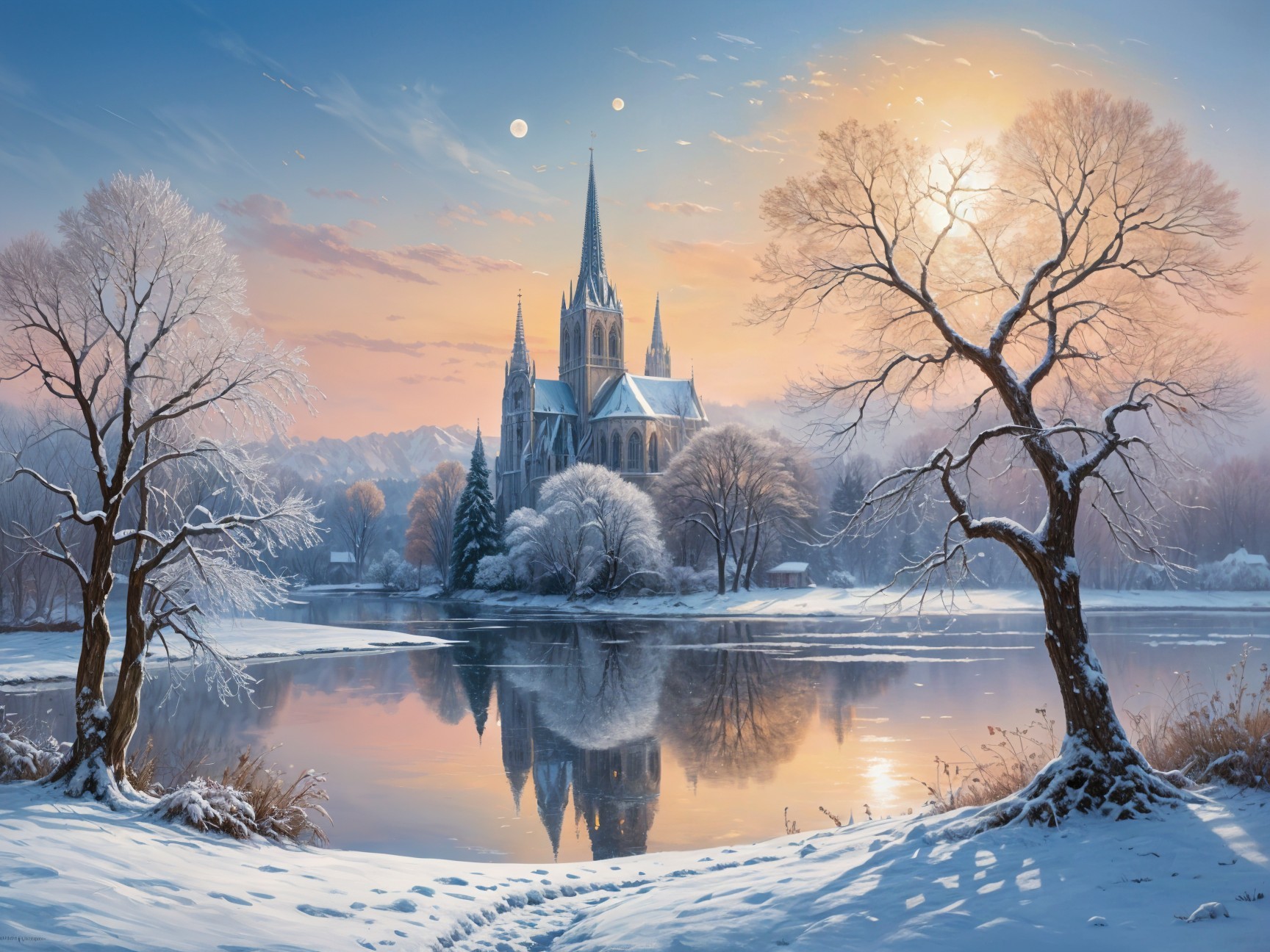 Serene Winter Landscape with Church and Sunset Reflection