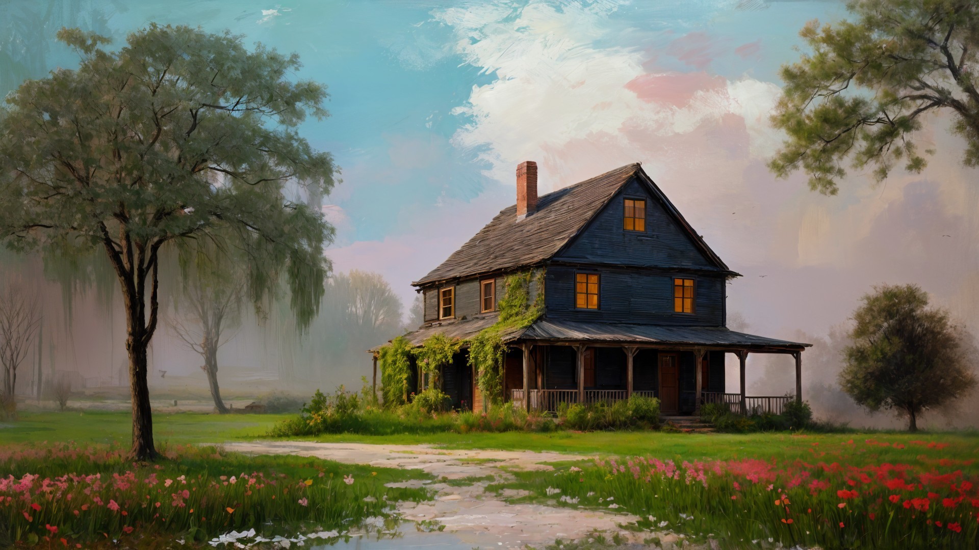 Weathered Farmhouse Surrounded by Colorful Garden