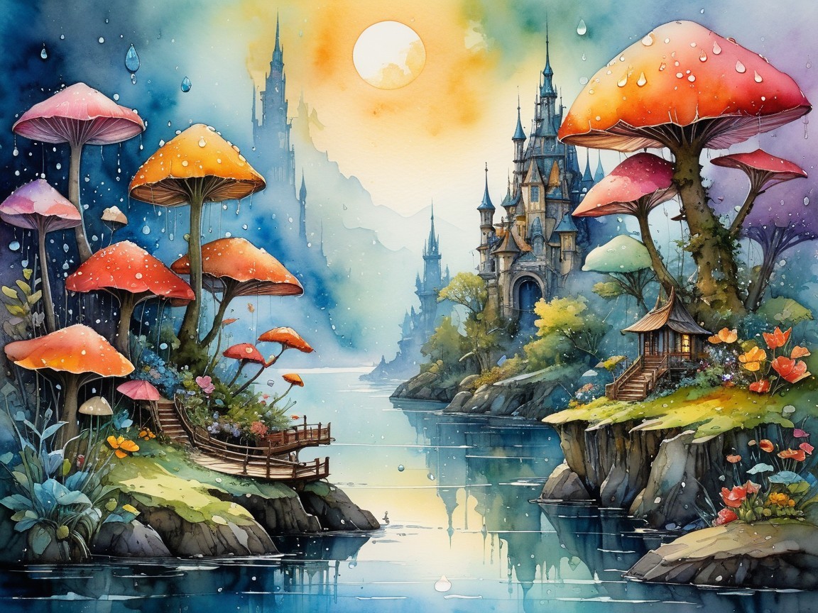 Whimsical Illustration of Mushrooms and Castle Landscape