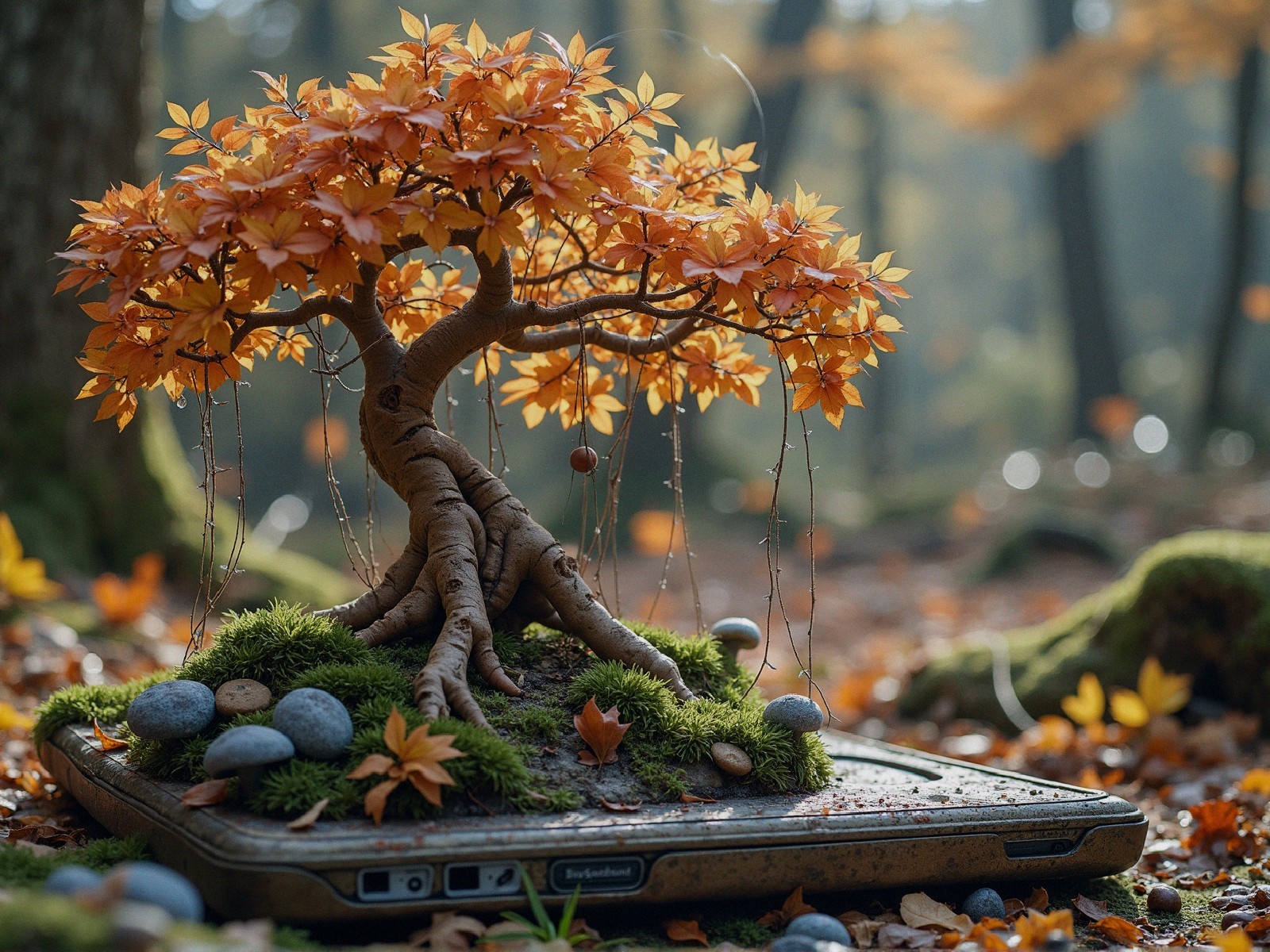 Whimsical Maple Tree Growing from an Old Laptop