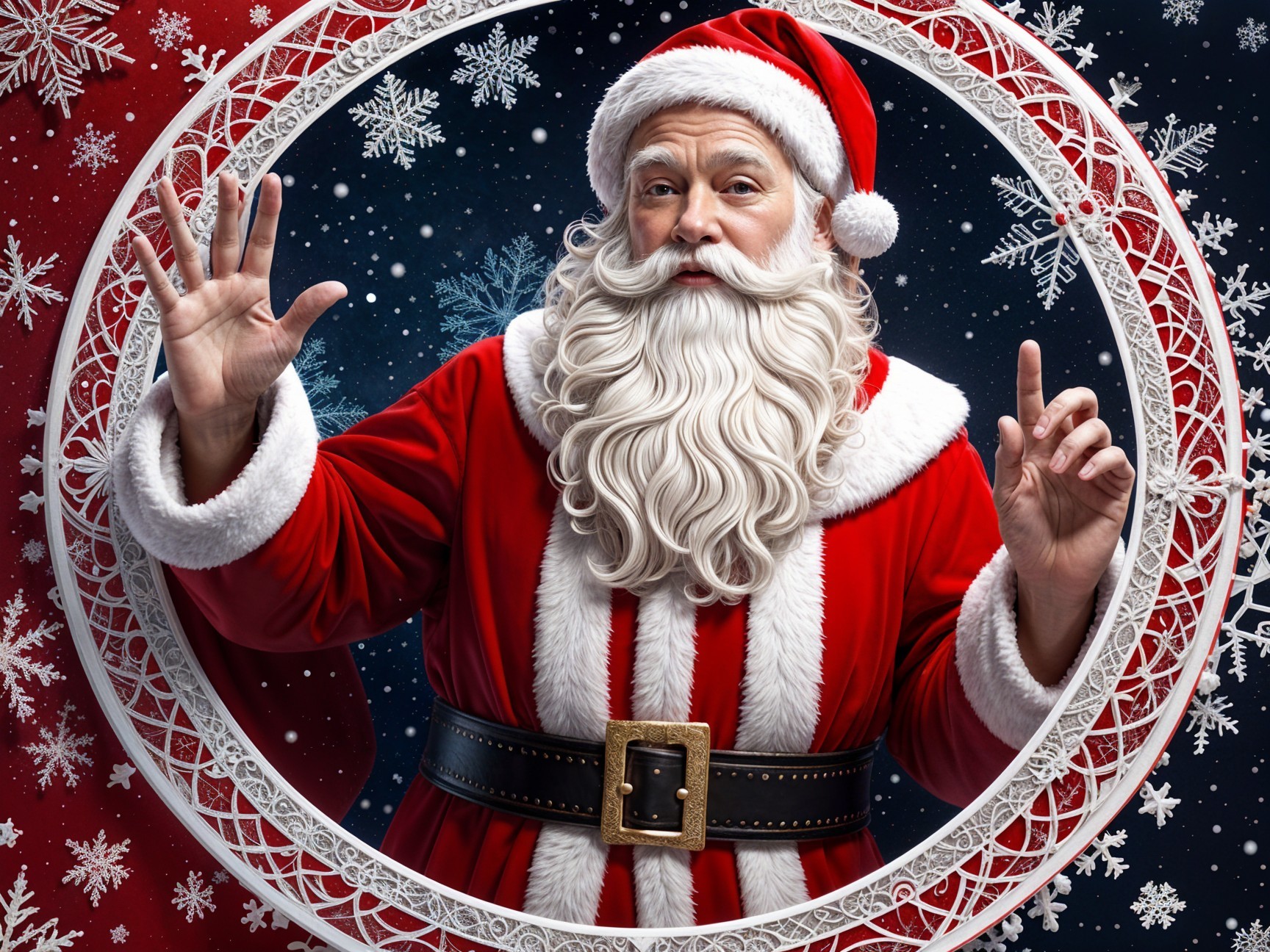 Joyful Santa Claus in Red Suit with Snowflakes